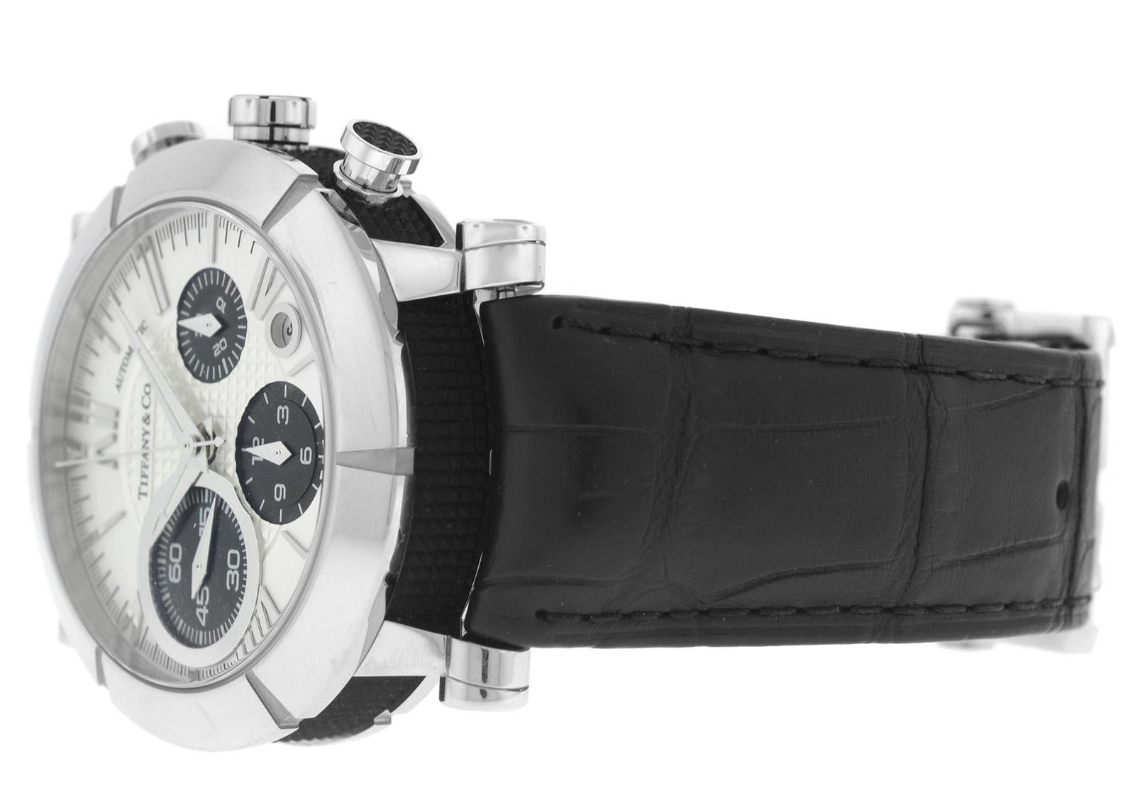 Brand	Tiffany & Co. 
Model	Atlas Z1000.82.12A21A71A
Gender	Men's
Condition	Pre-owned
Movement	Swiss Automatic
Case Material	Stainless Steel
Bracelet / Strap Material	
Genuine Alligator Crocodile leather

Clasp / Buckle Material	
Stainless