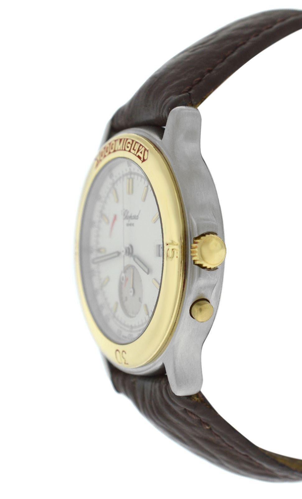 Brand	Chopard
Model	1000 Mille Miglia 8162 
Gender	Mens
Condition	Pre-owned
Movement	Swiss Quartz
Case Material	Stainless Steel & 18K Yellow Gold
Bracelet / Strap Material	
Shark Skin (aftermarket)

Clasp / Buckle Material	
Gold plated Stainless
