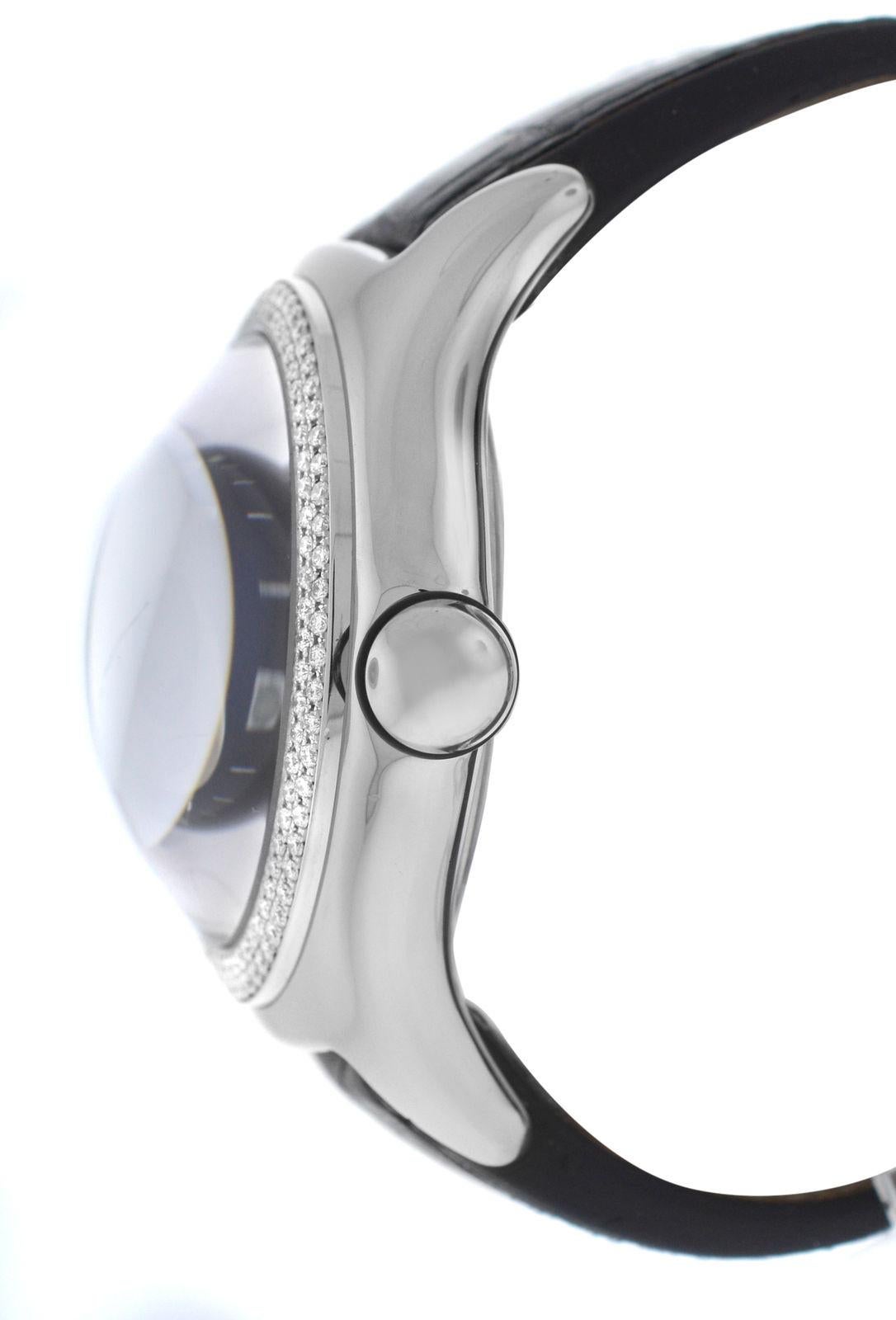 Brand	Corum
Model	Boutique Bubble 163.150.20
Gender	Men's
Condition	Pre-owned
Movement	Swiss Quartz
Case Material	Stainless Steel & Diamonds
Bracelet / Strap Material	
Leather

Clasp / Buckle Material	
Stainless Steel

Clasp Type	Butterfly