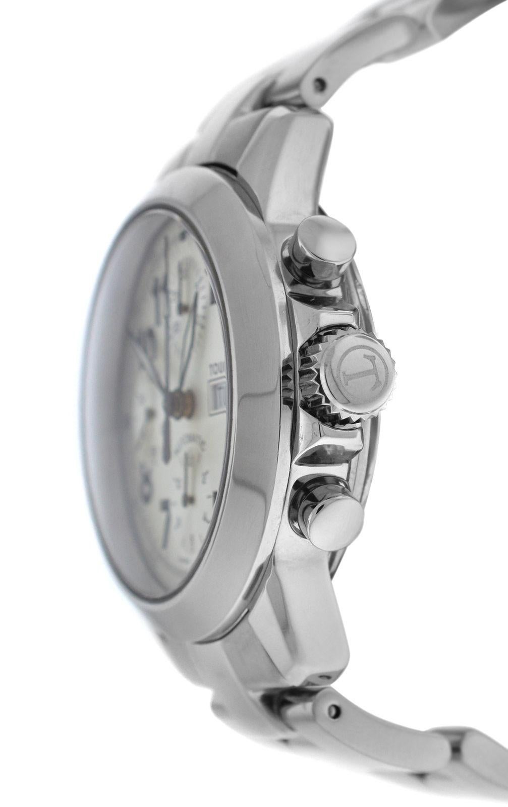 Brand	Tourneau
Model	Sportgraph 
Gender	Mens
Condition	Pre-owned
Movement	Swiss Automatic Valjoux 7750 
Case Material	Stainless Steel
Bracelet / Strap Material	
Stainless Steel

Clasp / Buckle Material	
Stainless Steel 

Clasp