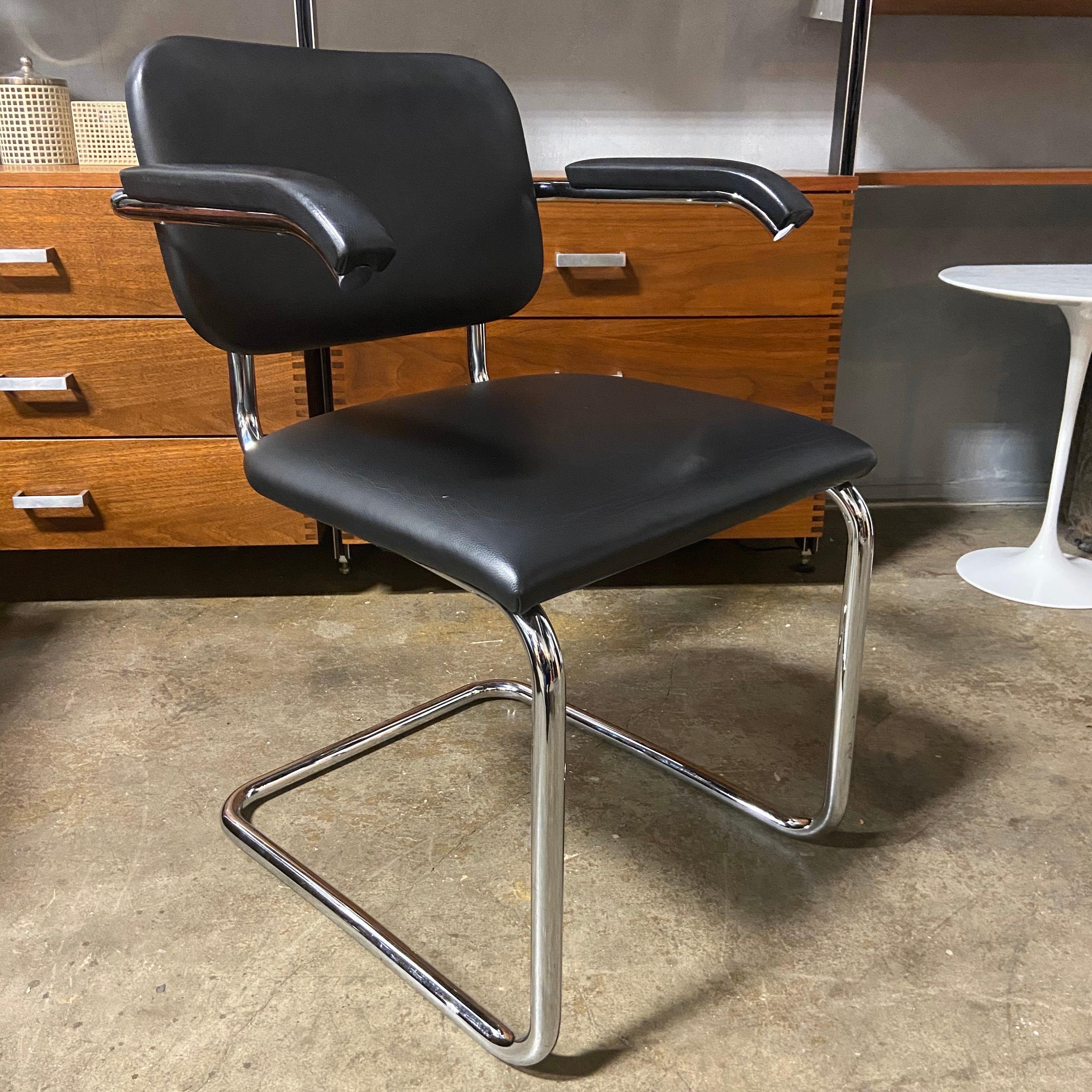 For your consideration are these wonderful Cesca chairs in striking black leather with shiny heavy chrome. Perfect for the home or office and ready for use showing little if any wear. All are branded with the Knoll logo and Marcel Breuer signature.