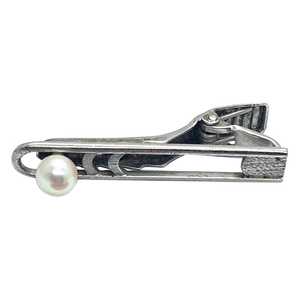 Authentic Mikimoto Men's Tie Clip Akoya Pearl 925 Sterling Silver