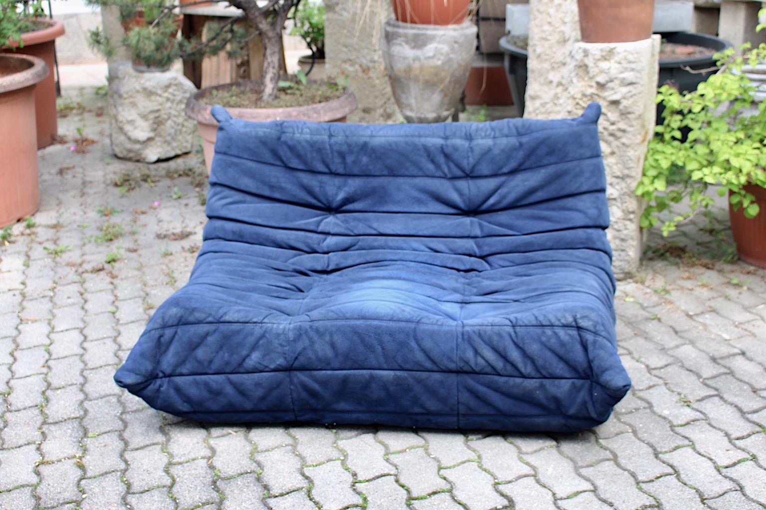 Space Age Togo Love Seat Two Seater Blue Ultra Suede Ligne Roset 1970s France For Sale 3