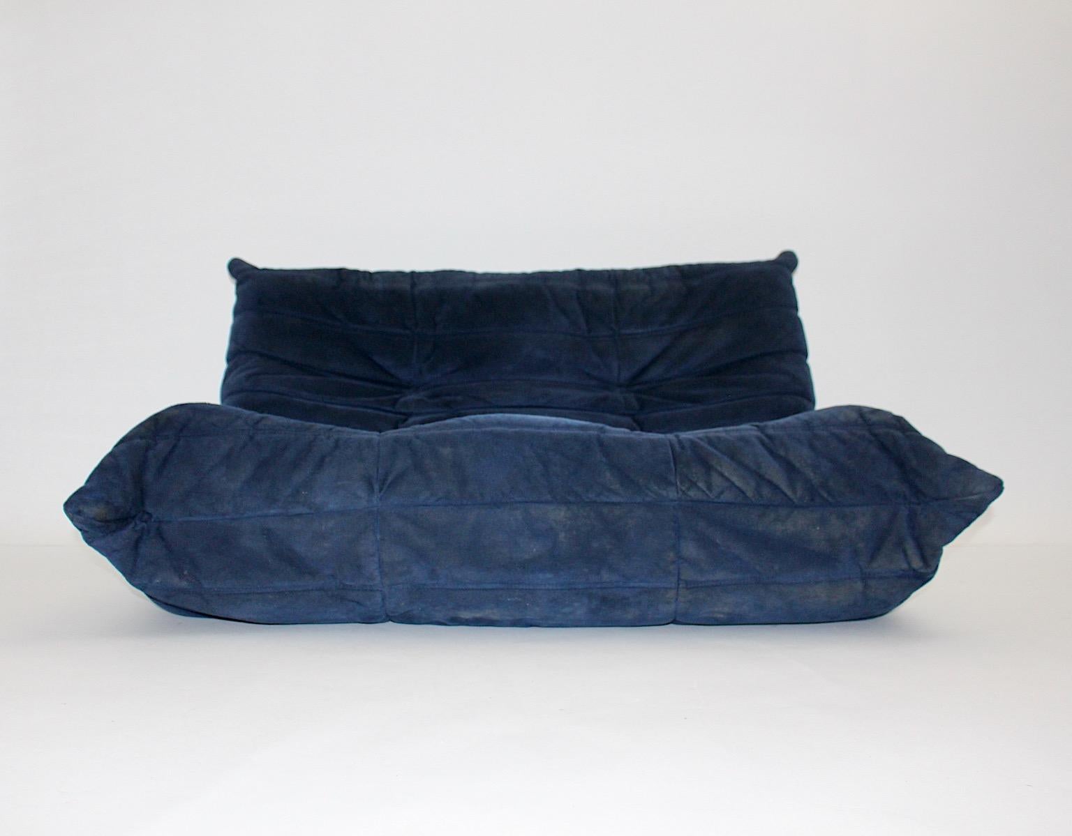 Space Age Togo Love Seat Two Seater Blue Ultra Suede Ligne Roset 1970s France For Sale 8