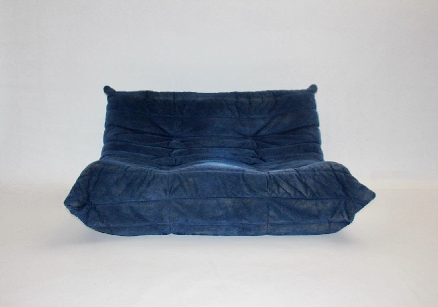 20th Century Space Age Togo Love Seat Two Seater Blue Ultra Suede Ligne Roset 1970s France For Sale
