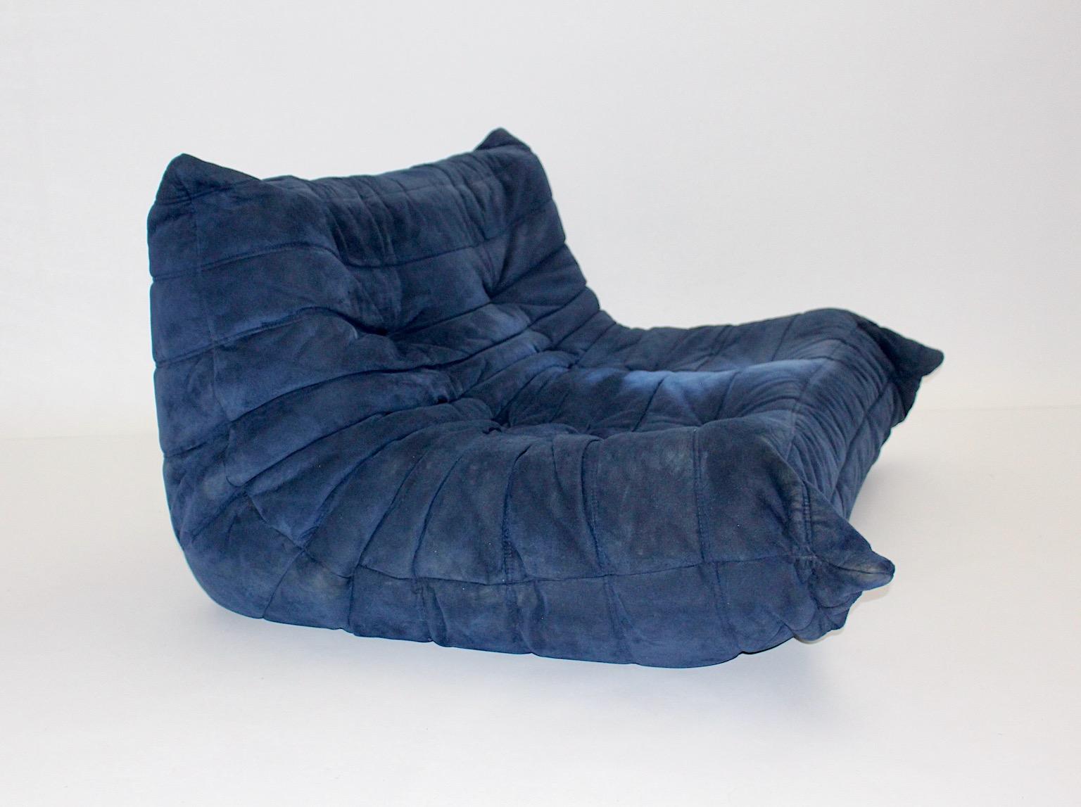 Ultrasuede Space Age Togo Love Seat Two Seater Blue Ultra Suede Ligne Roset 1970s France For Sale