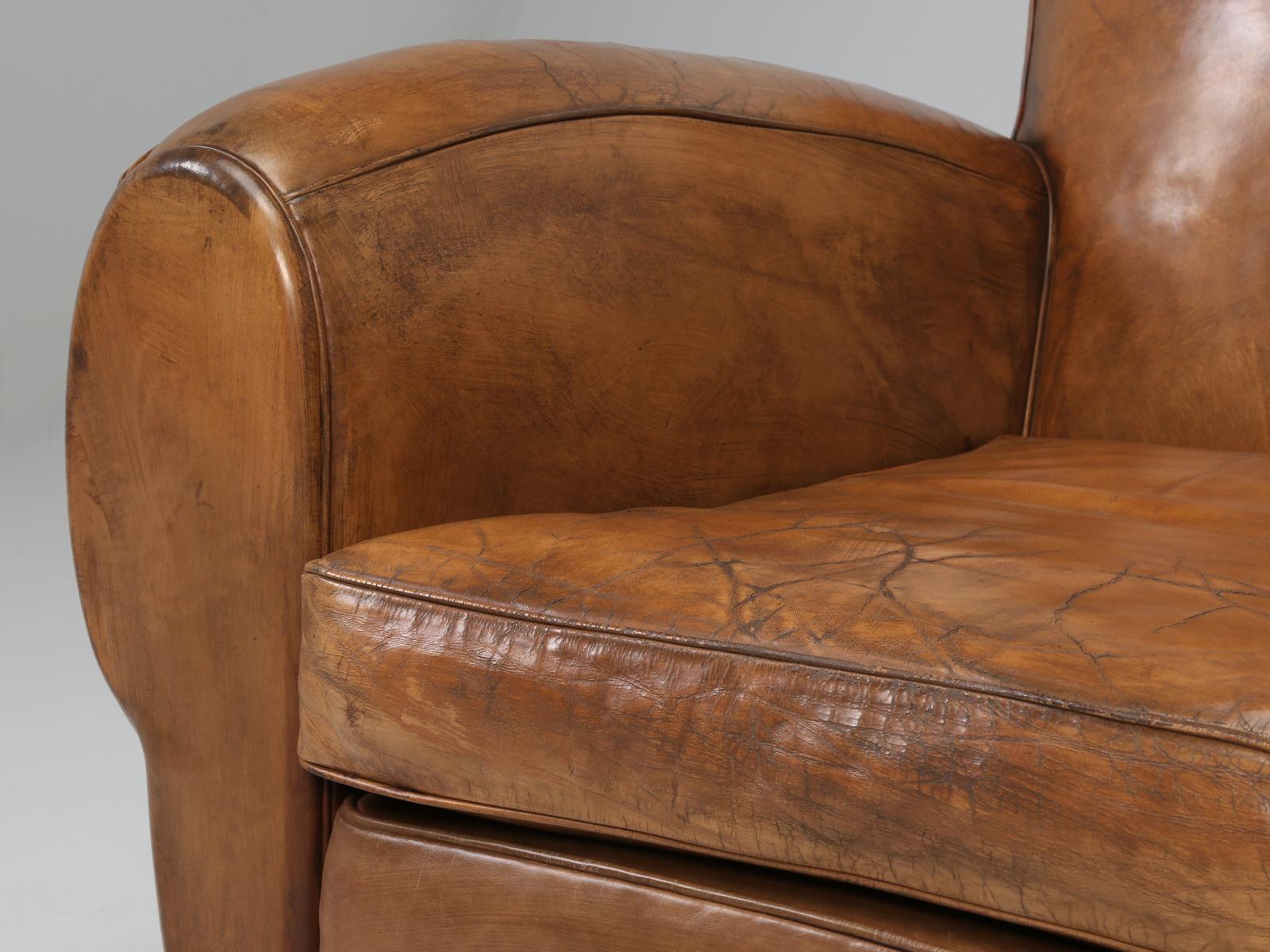 Authentic Mustache French Leather Club Chairs, Restored by Old Plank Correctly 3