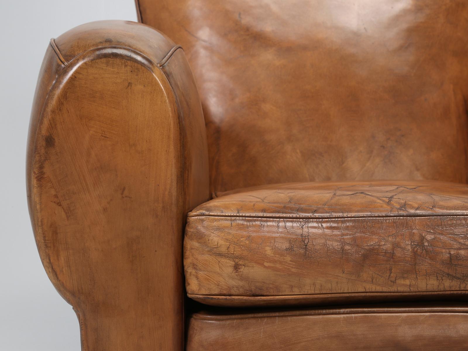 Authentic Mustache French Leather Club Chairs, Restored by Old Plank Correctly 4