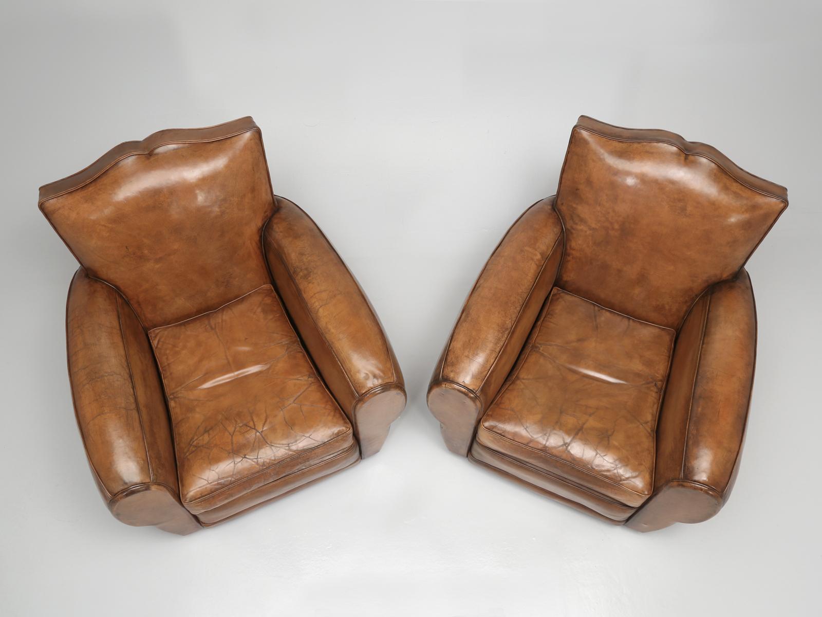 Art Deco Authentic Mustache French Leather Club Chairs, Restored by Old Plank Correctly