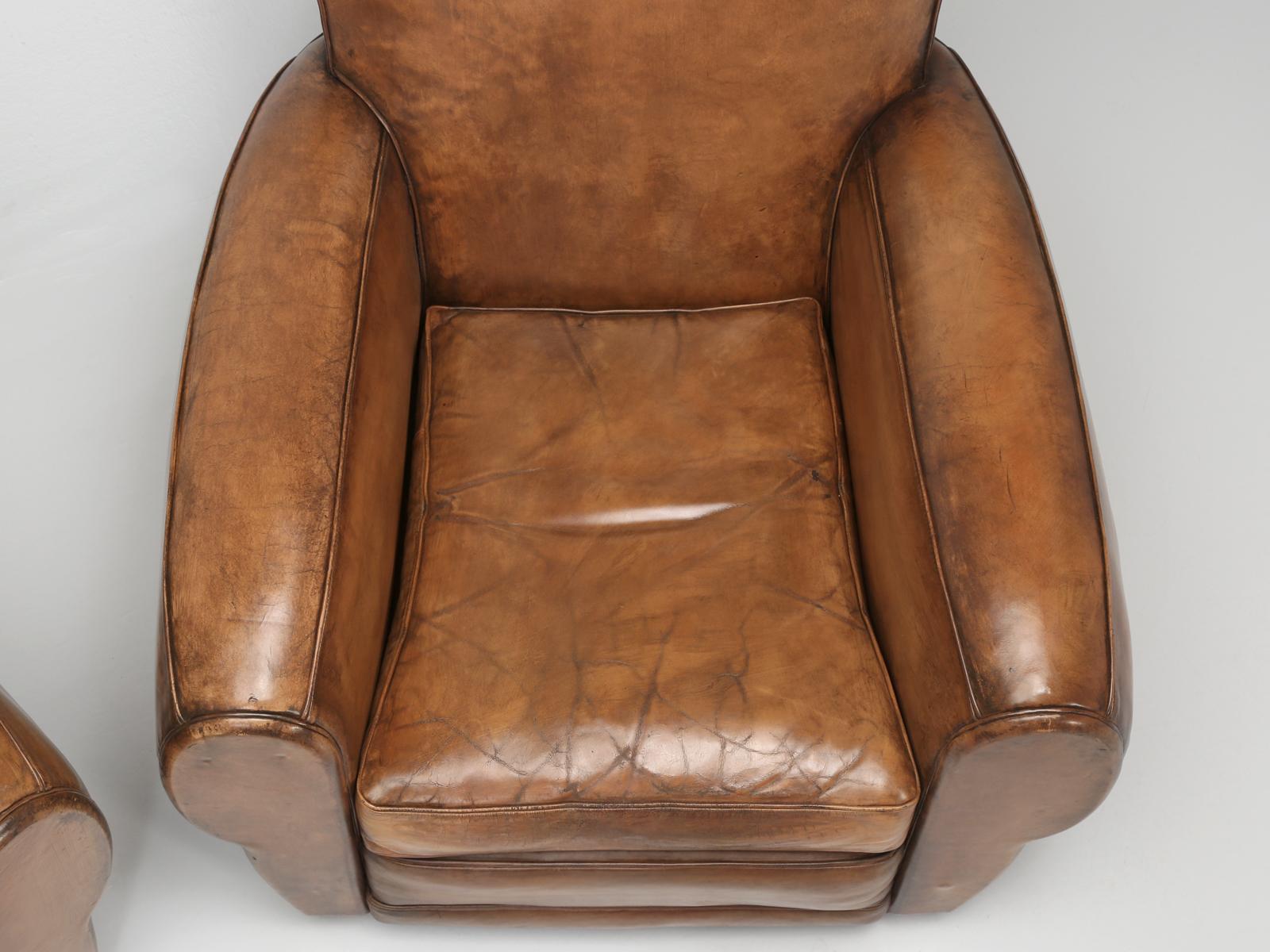Authentic Mustache French Leather Club Chairs, Restored by Old Plank Correctly In Good Condition In Chicago, IL