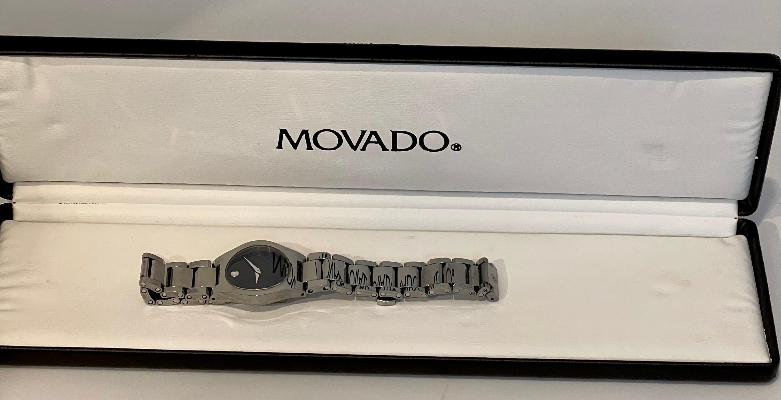 Authentic Movado Women Quartz Watch, Stiri Black Dial Stainless Steel Bracelet 5