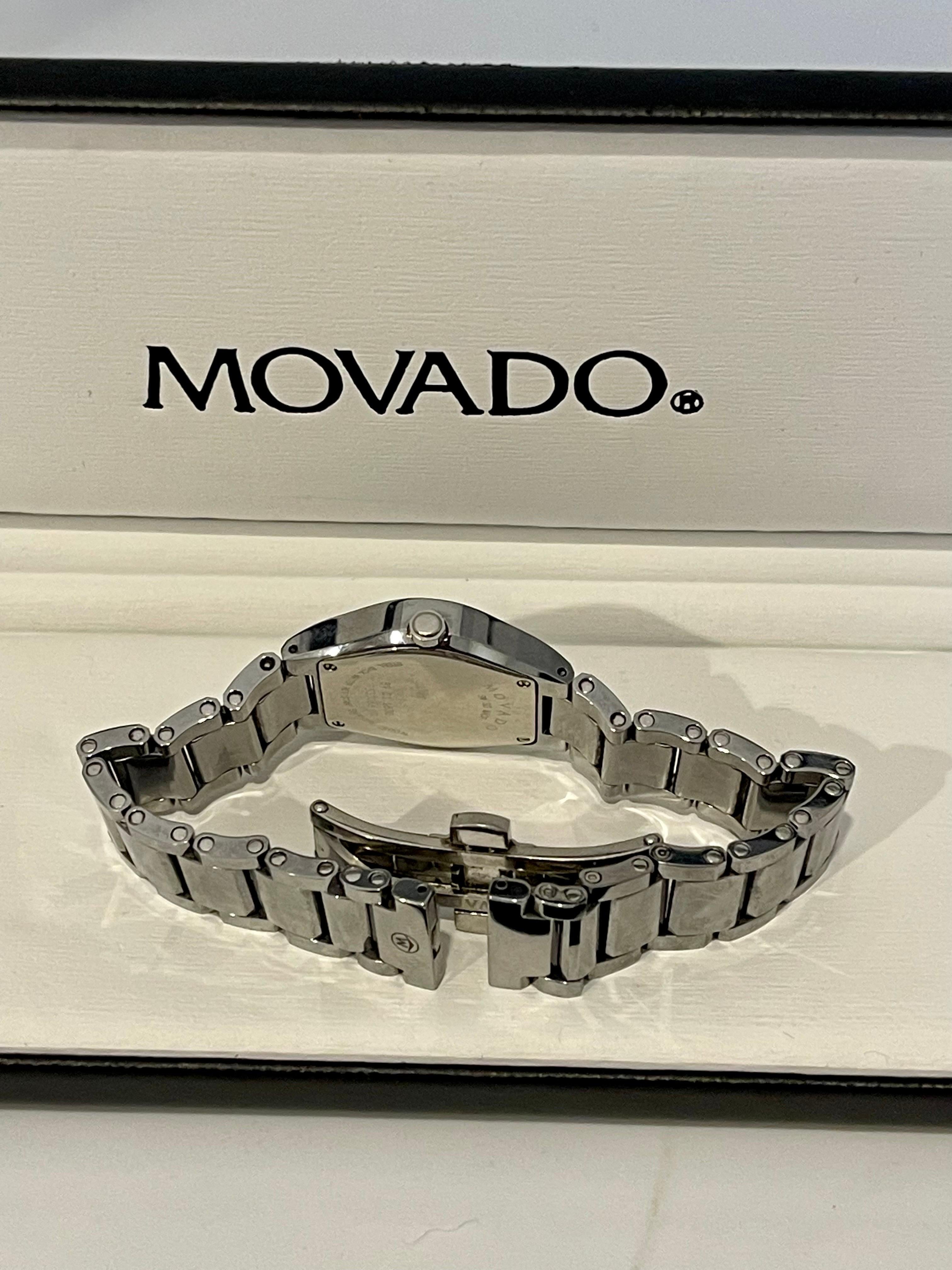 Authentic Movado Women Quartz Watch, Stiri Black Dial Stainless Steel Bracelet In Excellent Condition In New York, NY