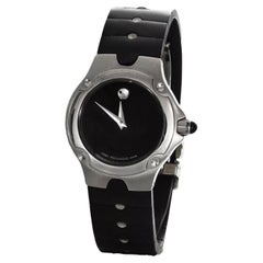 Authentische Movado Damen-Sportuhr mit schwarzem Zifferblatt und Gummiriemen