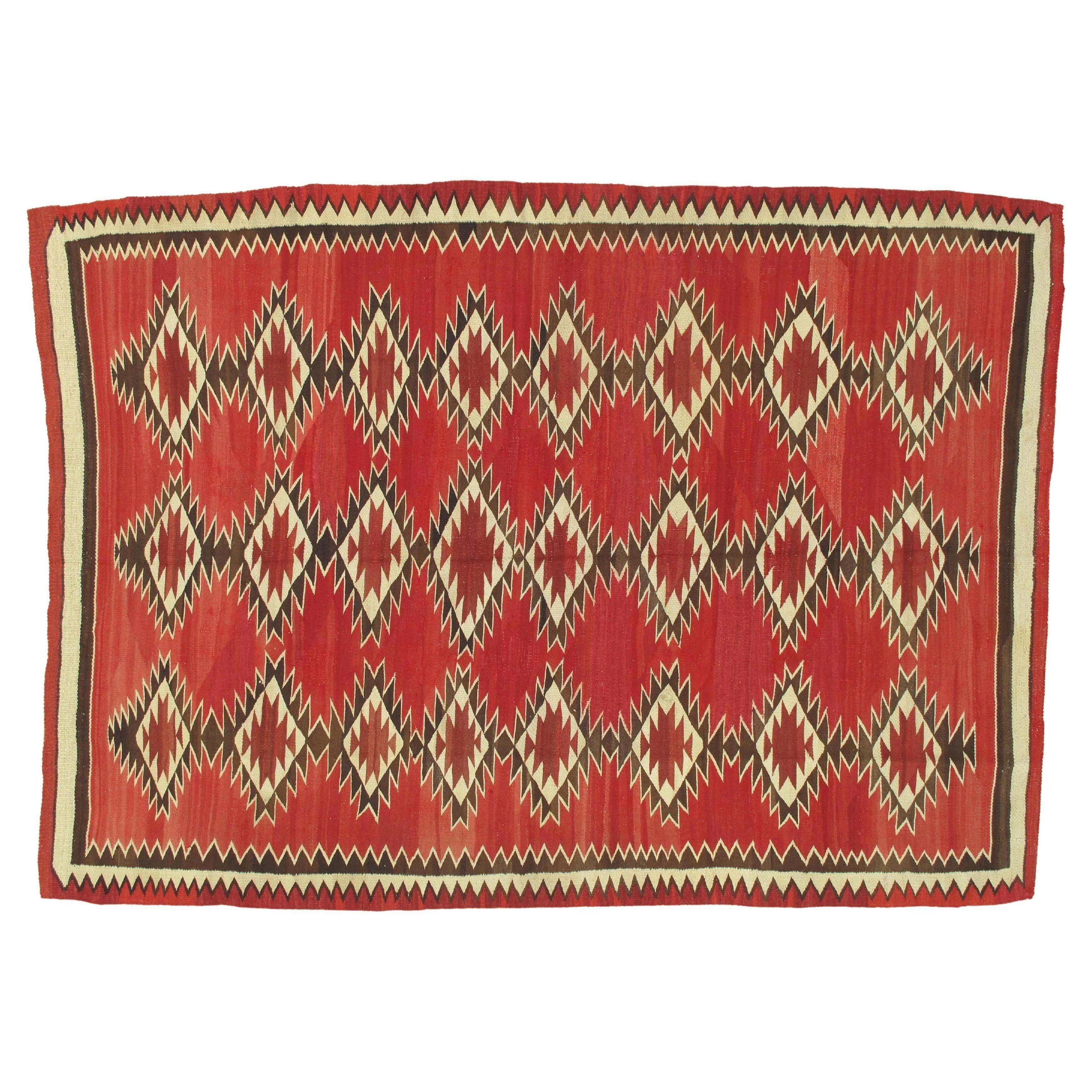 Authentic Navajo Rug Early Red Field Geometric Textile Hand-Spun Wool Circa 1900 For Sale