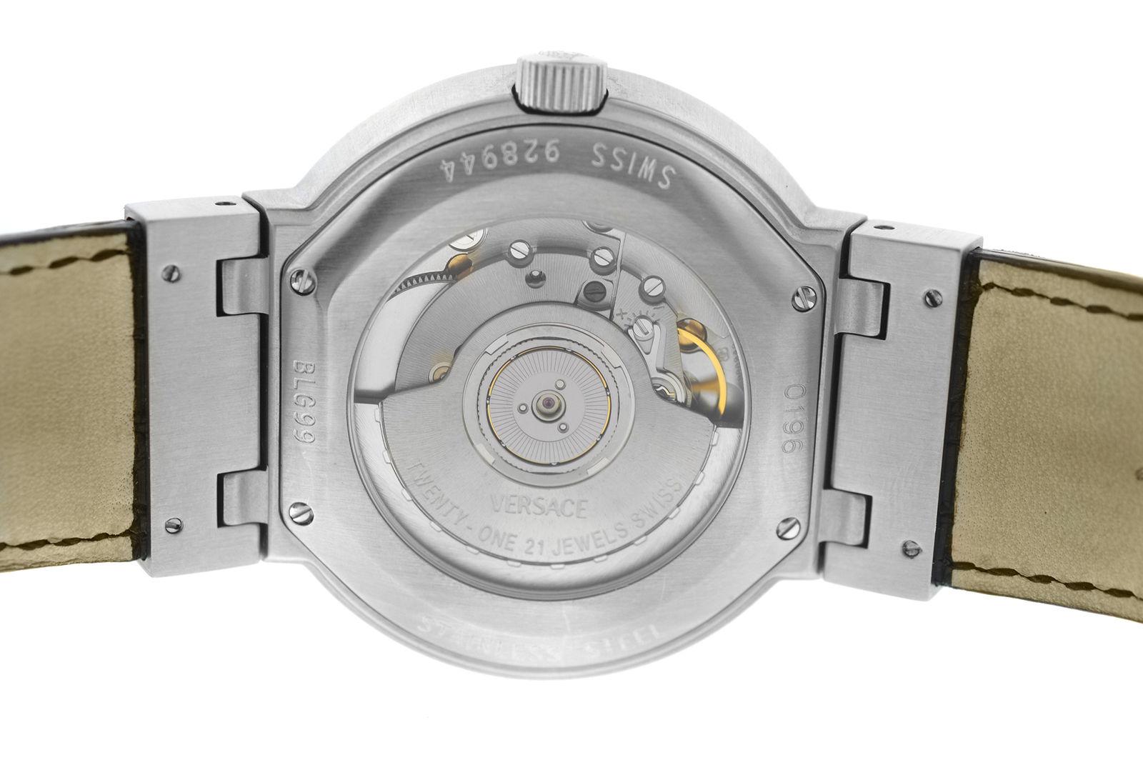 Brand	Versace
Model	Madison BLG99D00
Gender	Unisex
Condition	New Store Display
Movement	Swiss Automatic
Case Material	Stainless Steel 
Bracelet / Strap Material	
Genuine Louisiana Alligator

Clasp / Buckle Material	
Stainless Steel

Clasp