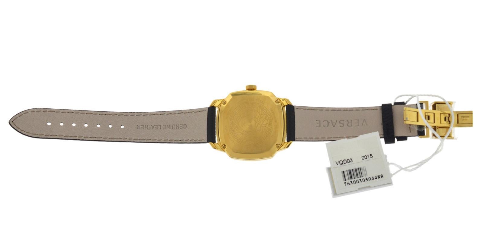 Brand	Versace
Model	Dylos VQD03 0015
Gender	Ladies
Condition	New
Movement	Swiss Quartz
Case Material	Gold IP over Stainless Steel 
Bracelet / Strap Material	
Leather

Clasp / Buckle Material	
Stainless Steel

Clasp Type	Butterfly deployment
Bracelet