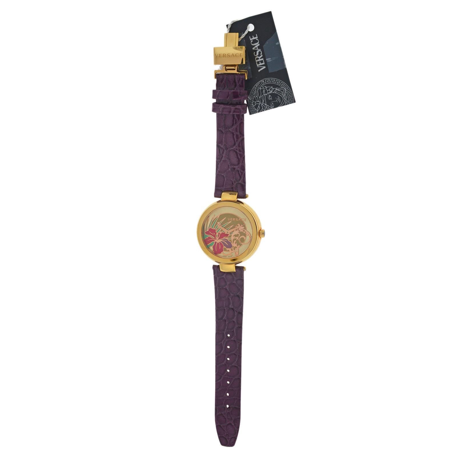 
Brand	Versace
Model	Mystique Hibiscus I9Q80D2HI-S009
Gender	Ladies
Condition	New
Movement	Swiss Quartz
Case Material	Gold Tone Stainless Steel 
Bracelet / Strap Material	
Genuine Leather

Clasp / Buckle Material	
Gold Tone Stainless Steel

Clasp