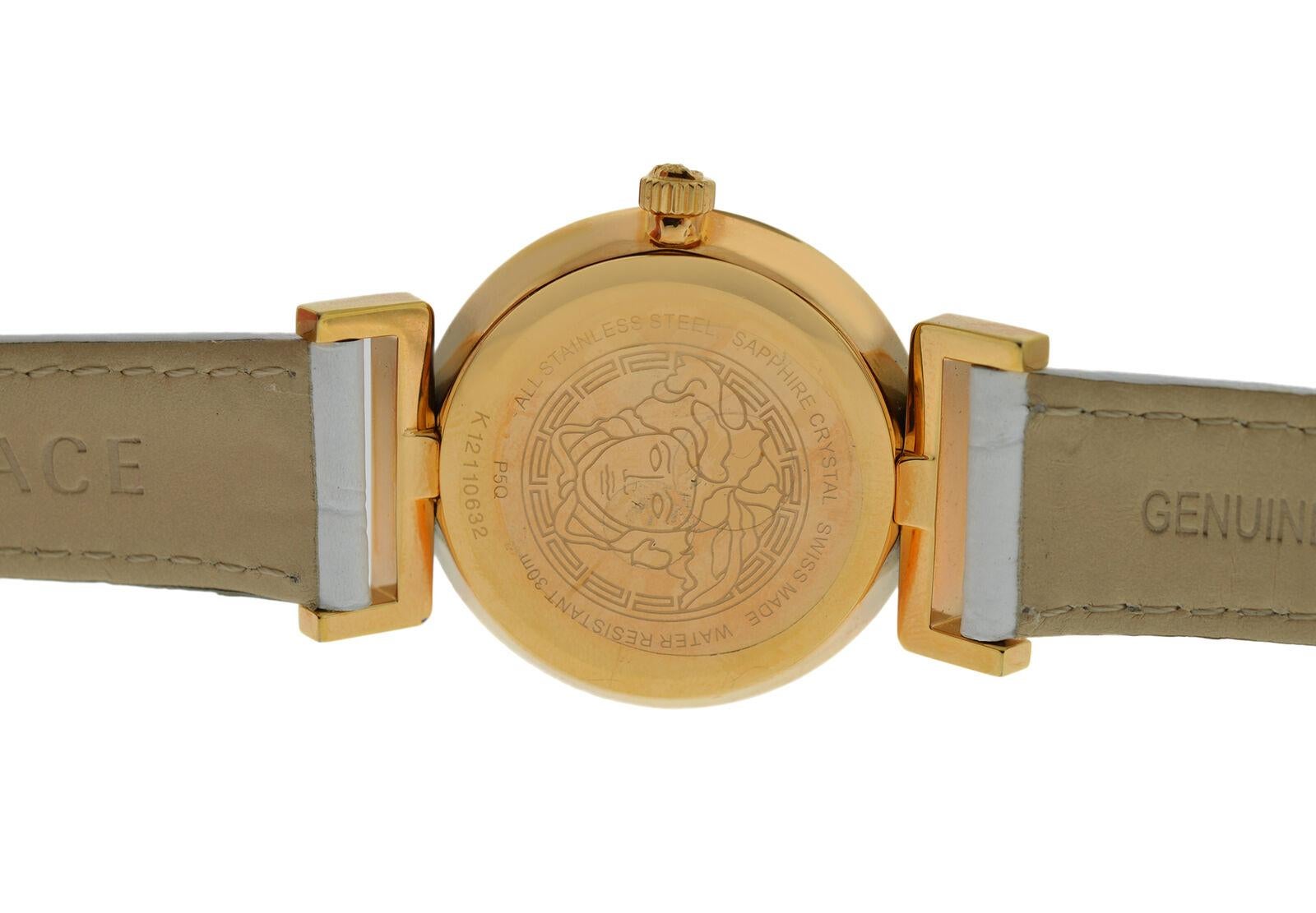 Authentic New Versace Vanity Gold Tone Diamond Quartz Watch In Excellent Condition For Sale In New York, NY