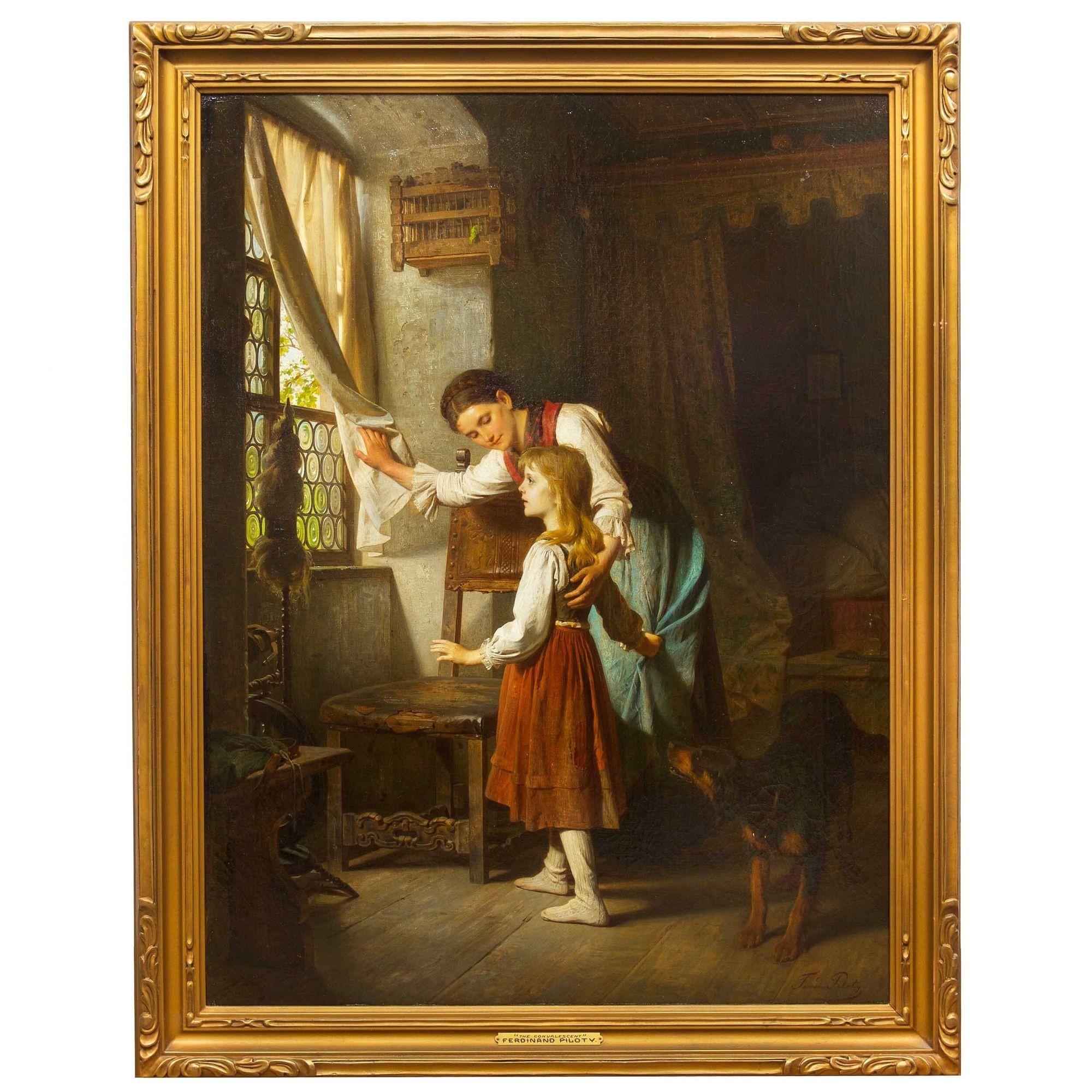 An endearing scene rich with detail of the era, this exquisite genre painting by Ferdinand Piloty II captures the story of a sick young girl finding the strength to out of bed and look out into the brilliant sunlight pouring through her windows. Her
