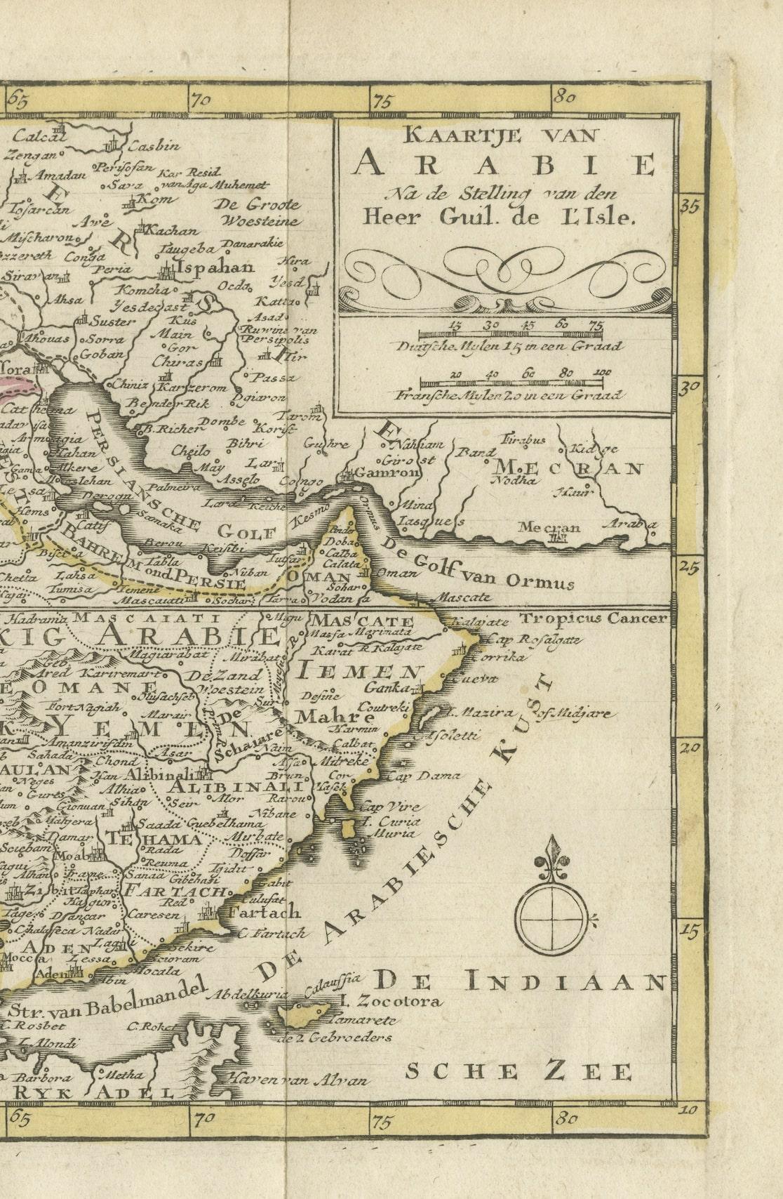 Engraved Authentic Old Map of Arabia with Original Border Coloring, 1745 For Sale