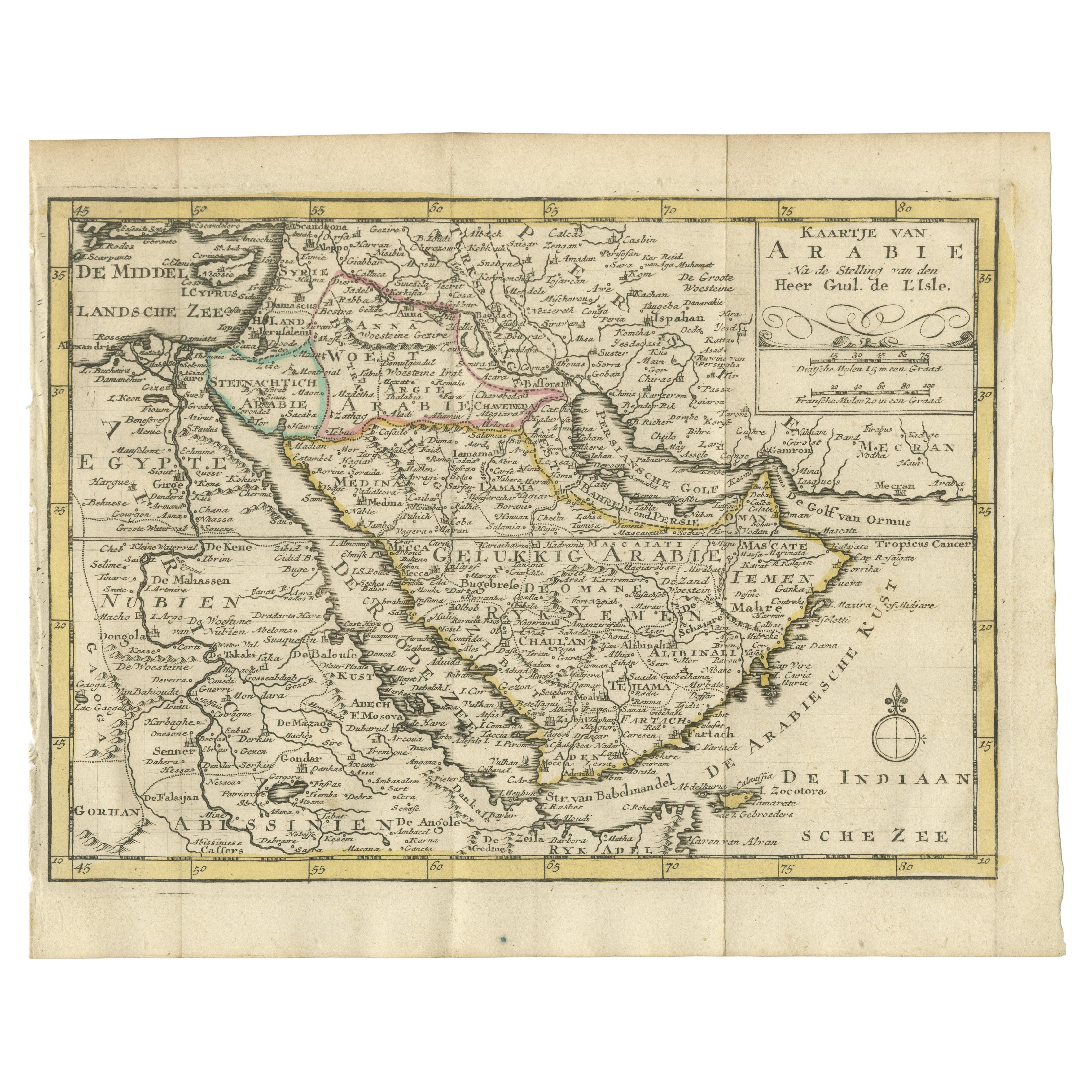 Authentic Old Map of Arabia with Original Border Coloring, 1745 For Sale