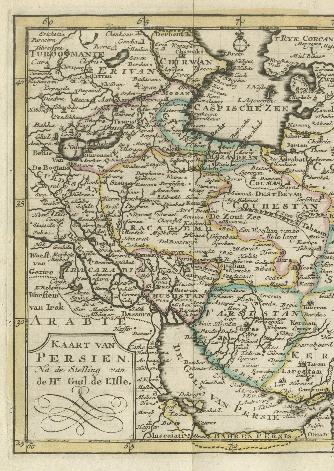 Engraved Authentic Old Map of Persia with Original Border Coloring, 1745 For Sale