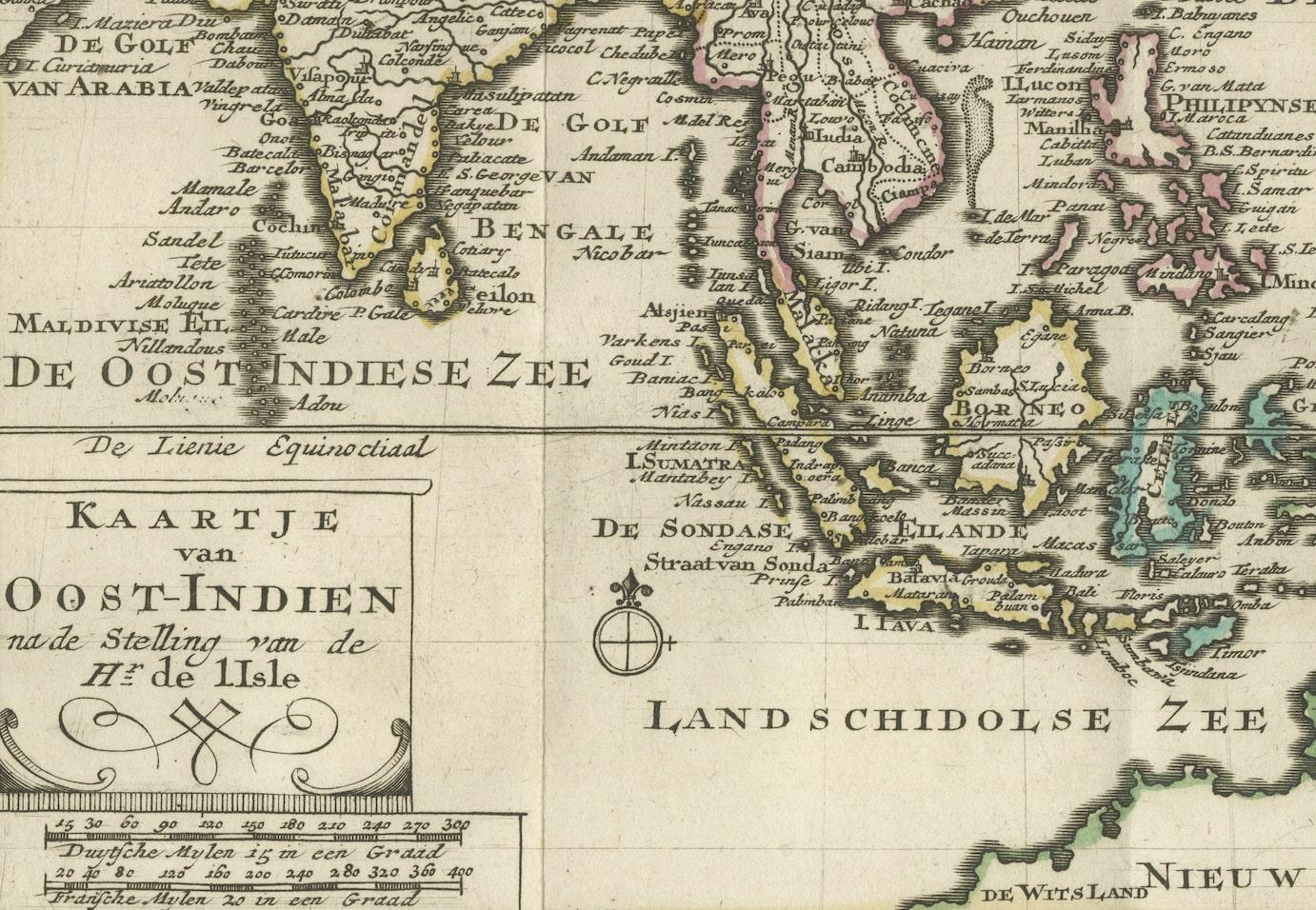 Authentische alte Karte von Southeast Asia mit Original-Randkolorierung, 1745 im Zustand „Gut“ im Angebot in Langweer, NL