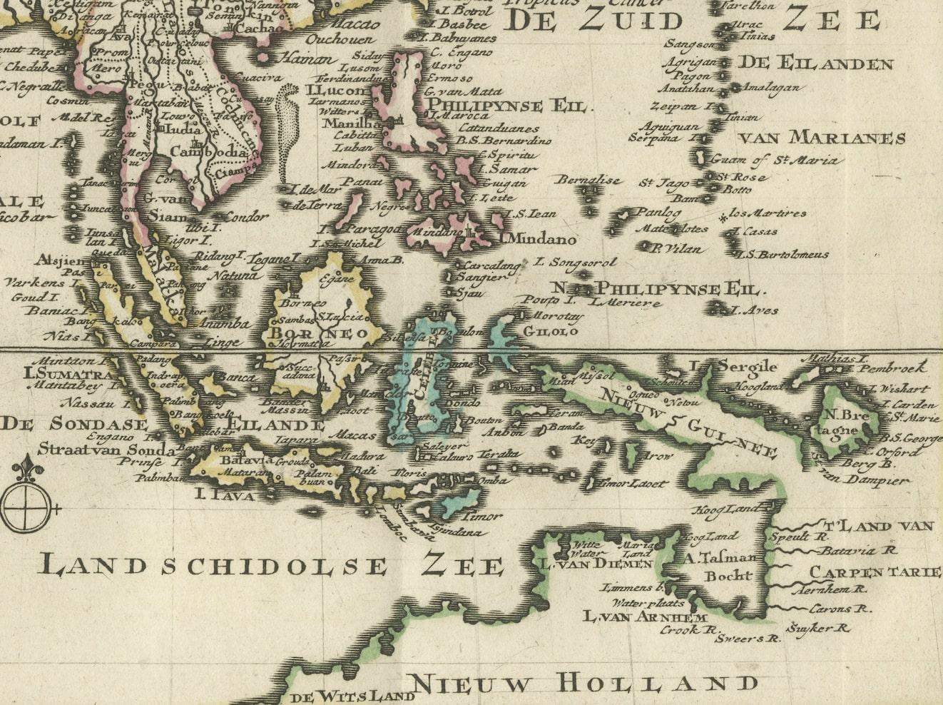 Authentic Old Map of Southeast Asia with Original Border Coloring, 1745 In Good Condition For Sale In Langweer, NL