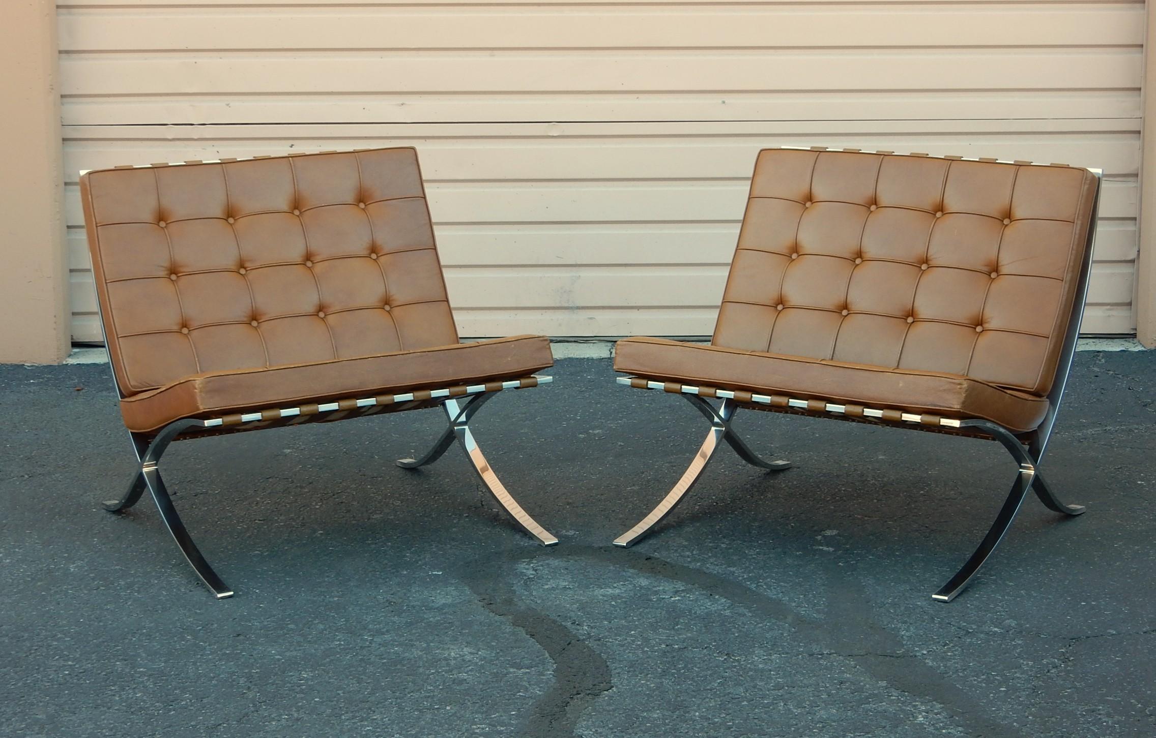 American Authentic Original 1960's Knoll Barcelona Lounge Chairs in Cognac Leather