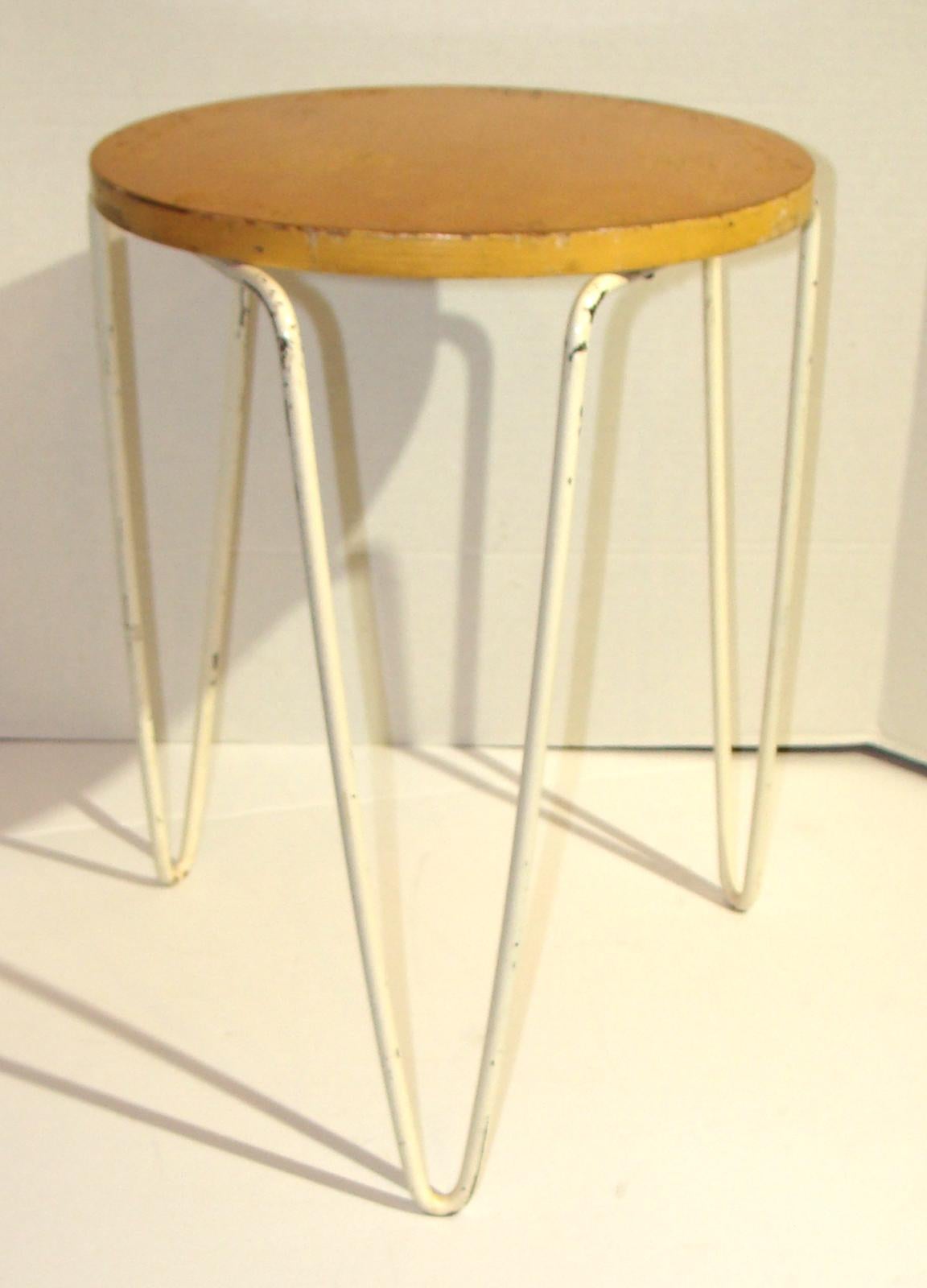Original Florence Knoll model 75 stacking table (or Stool) in fine, unrestored vintage condition. Birch top with white enameled hairpin legs. Design originates 1947-1948. Retains 