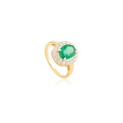 Authentic Oval Emerald and Diamond Halo Ring in 14k Yellow Gold Gift for Wife
