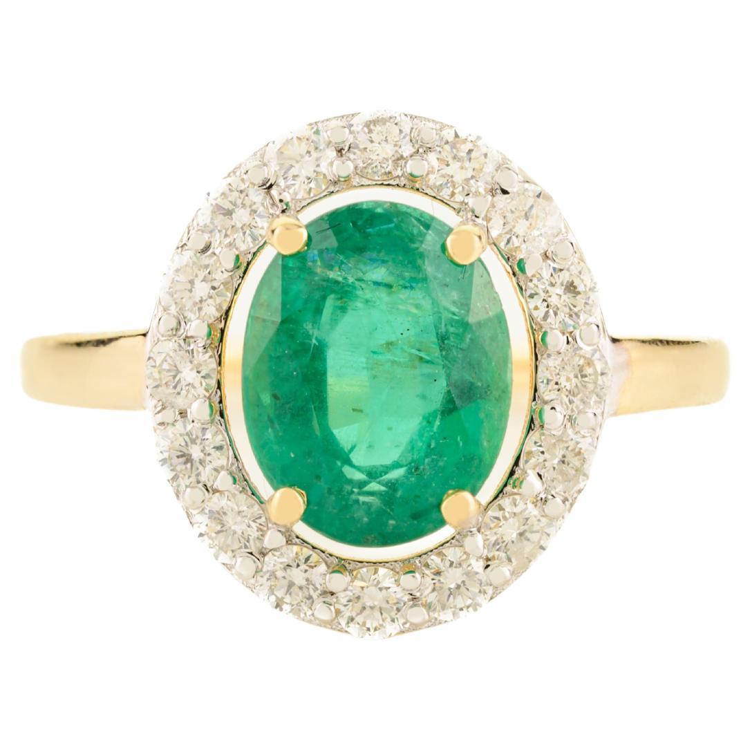Authentic Oval Emerald and Diamond Halo Ring in 14k Yellow Gold Gift for Wife