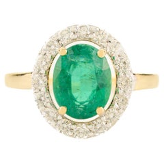 Authentic Oval Emerald and Diamond Halo Ring in 14k Yellow Gold Gift for Wife