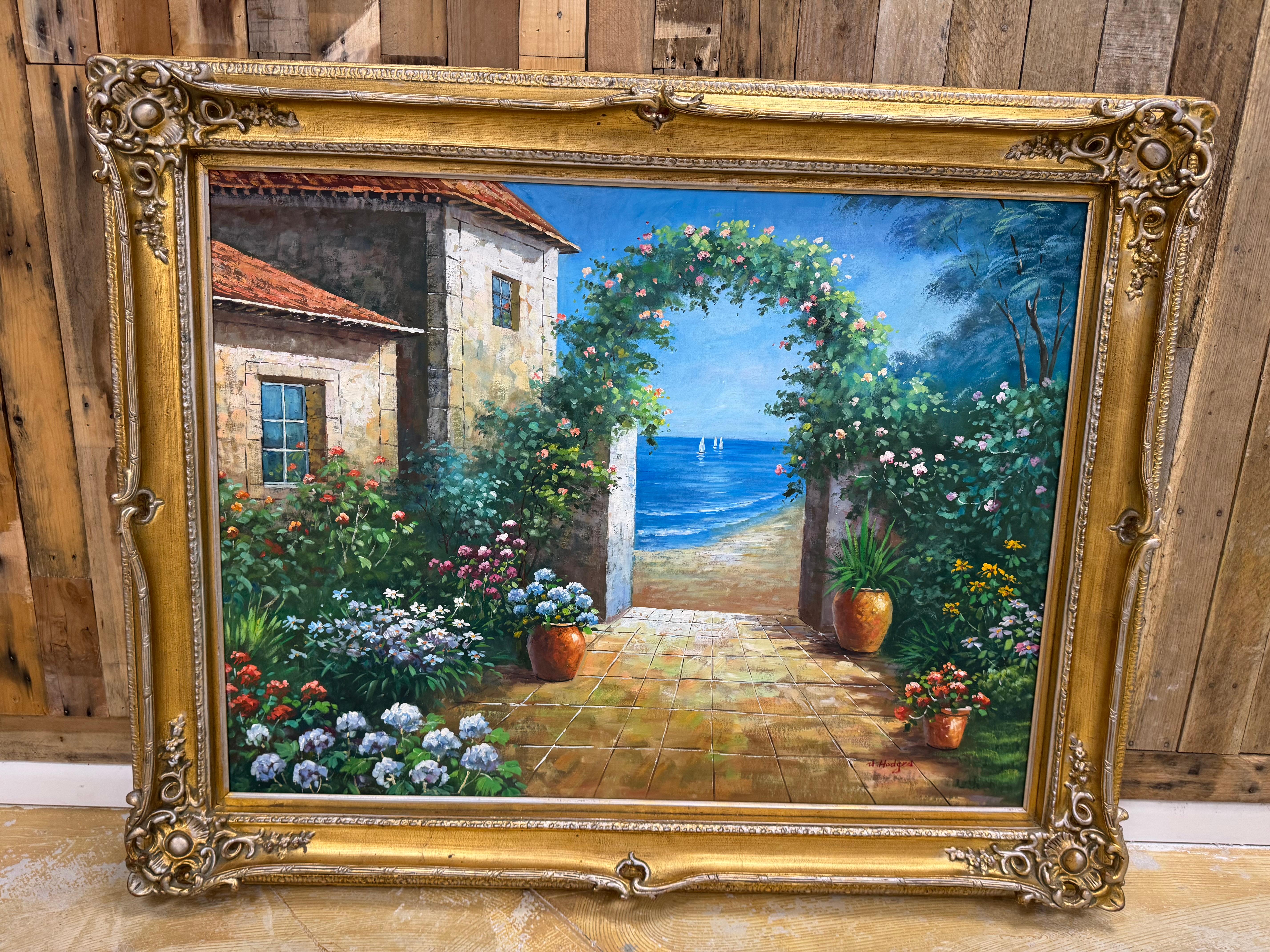 Peinture authentique de : villa italienne avec une vue côtière en vente 3