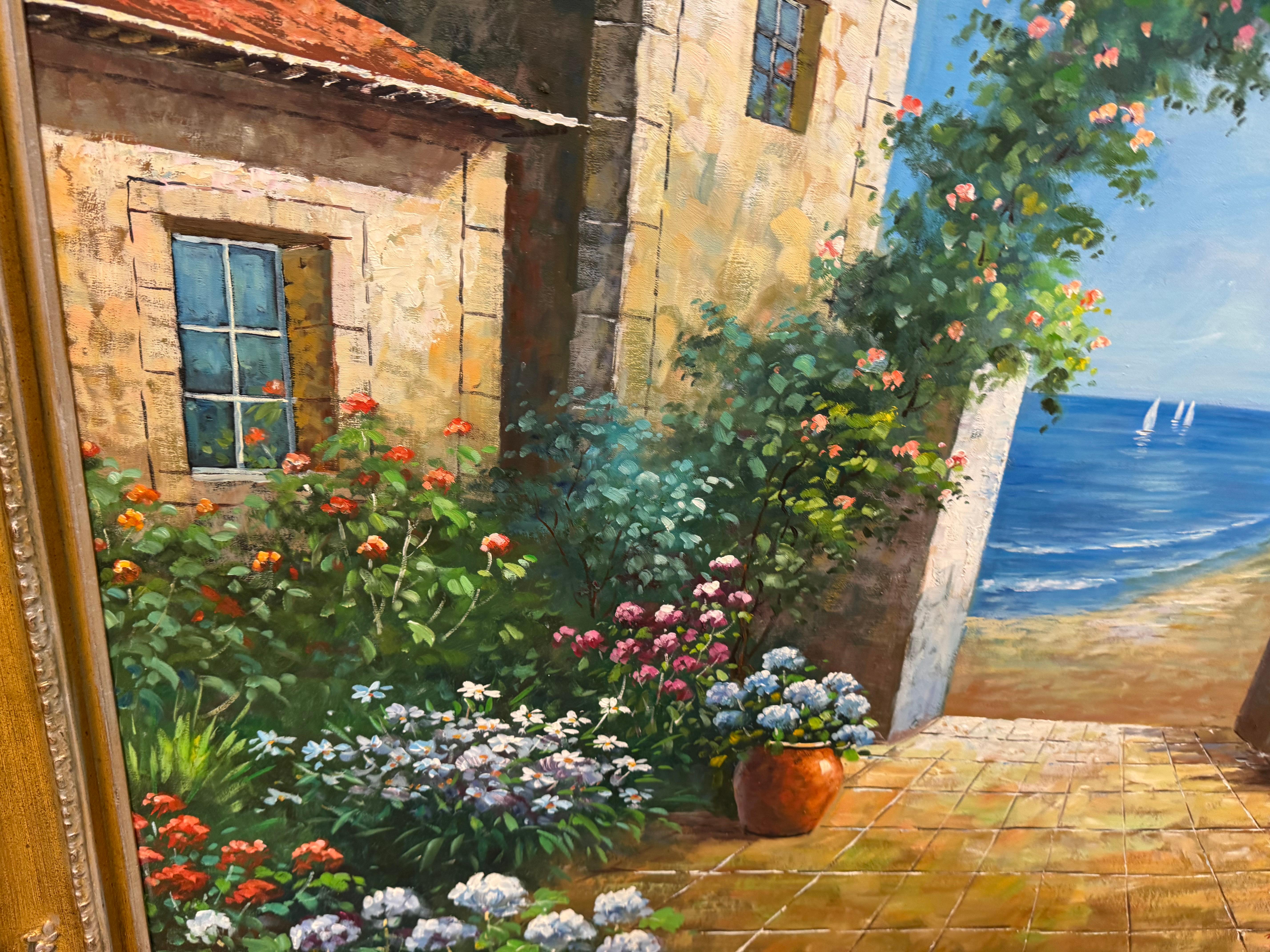 Arts and Crafts Peinture authentique de : villa italienne avec une vue côtière en vente