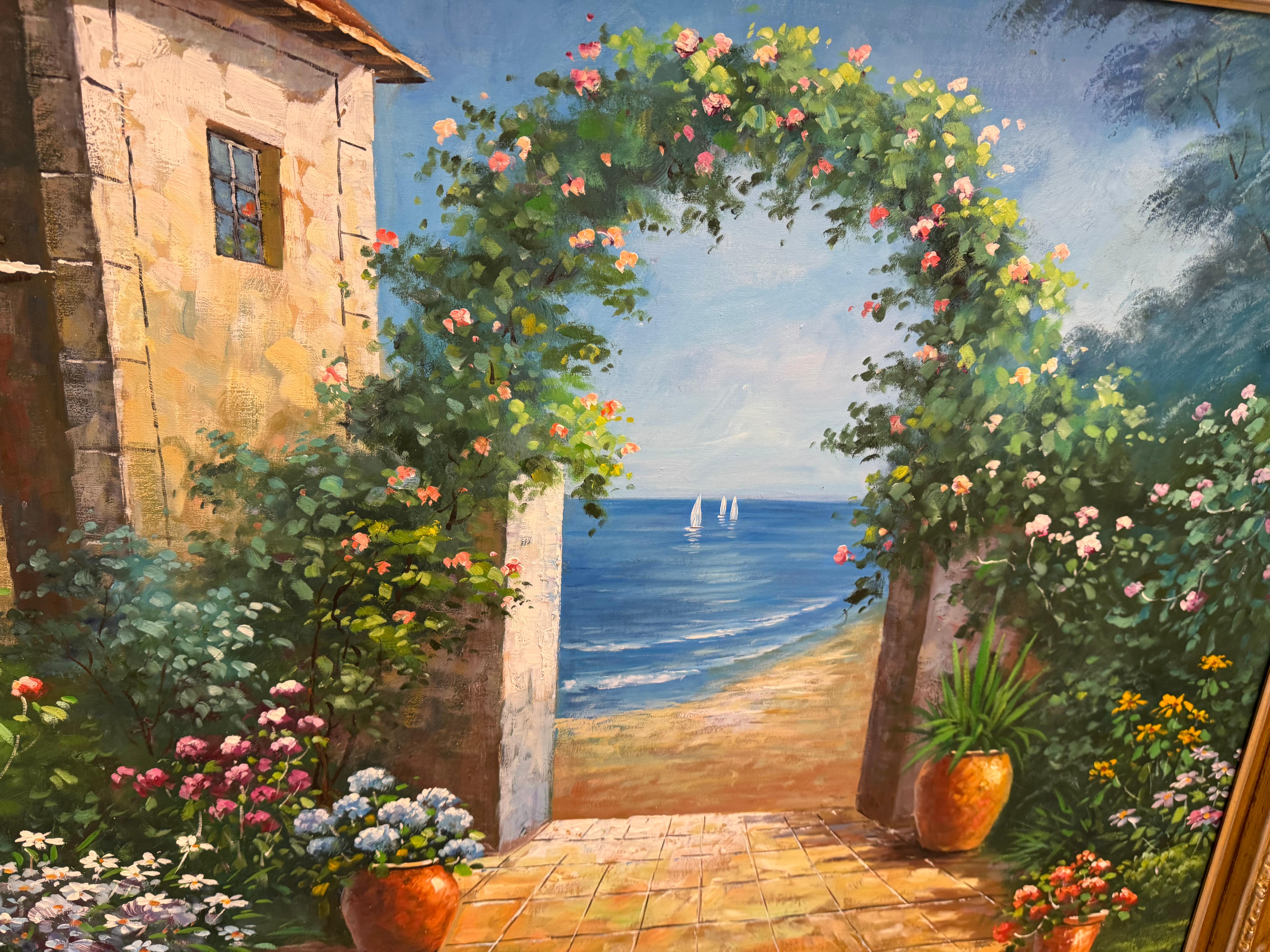 Américain Peinture authentique de : villa italienne avec une vue côtière en vente