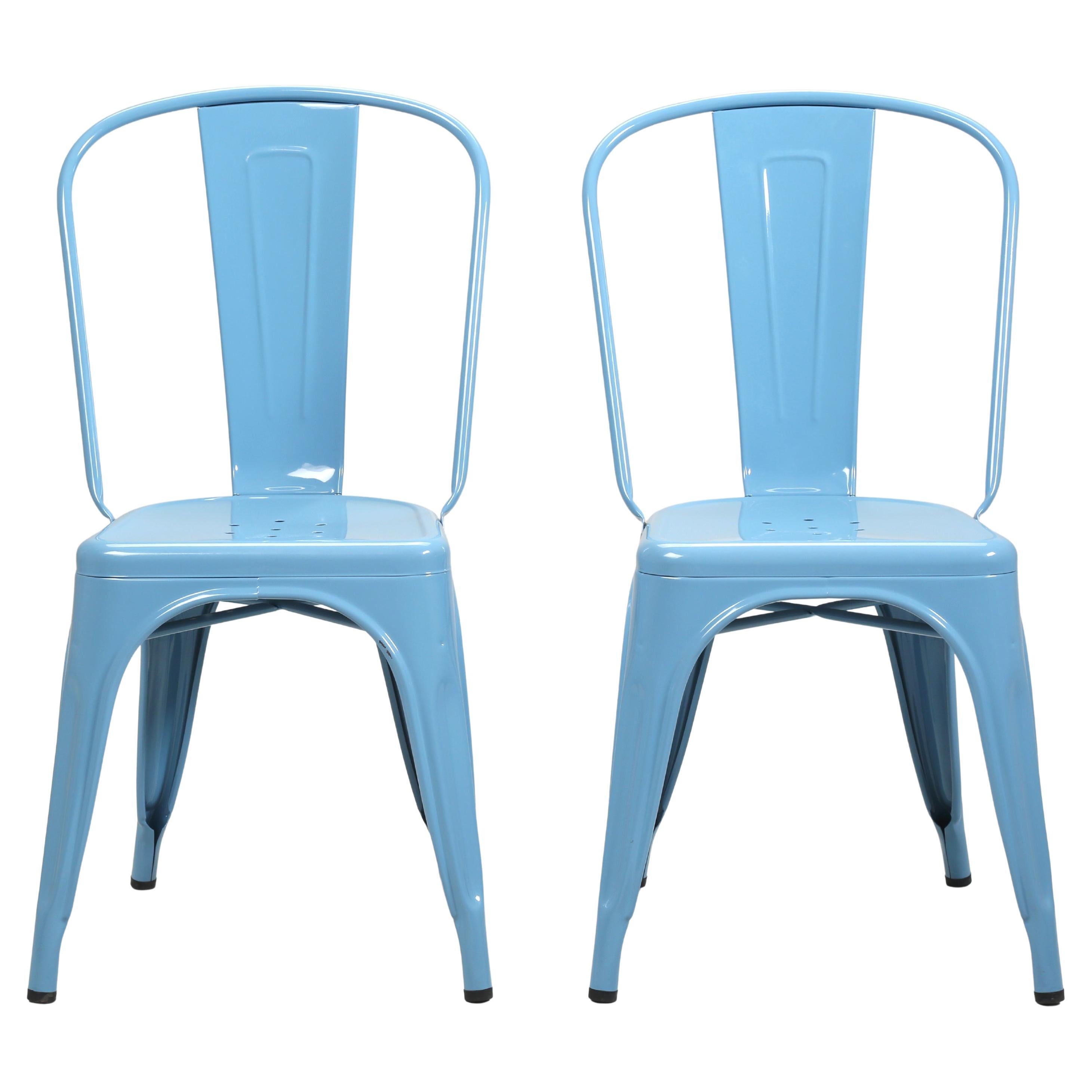 Authentic pair of (2) French Tolix Powder-Coated Steel Chairs in Baby Blue