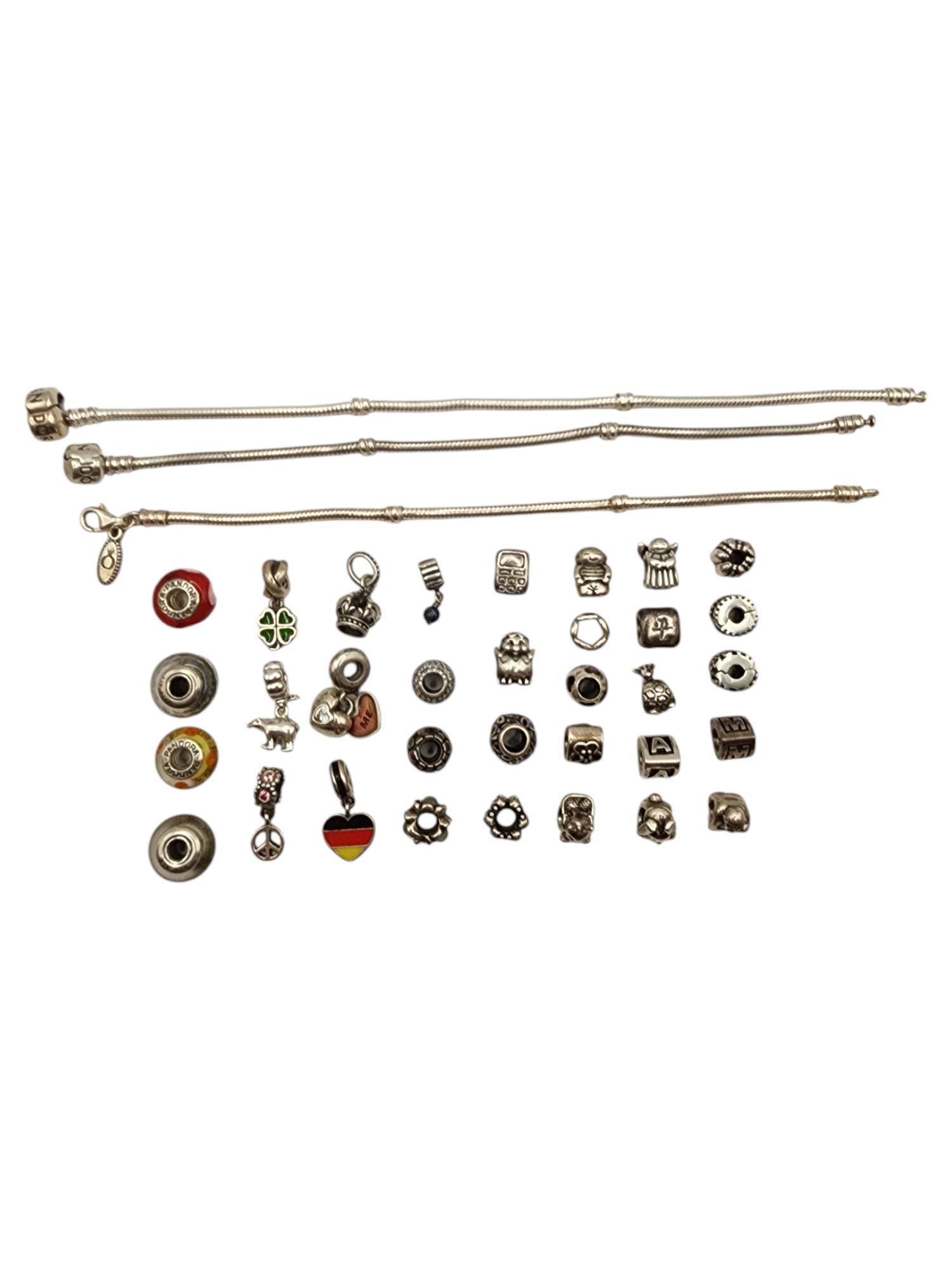 Authentic Pandora Lot of 35 Sterling Silver Charms & Bracelets #21364