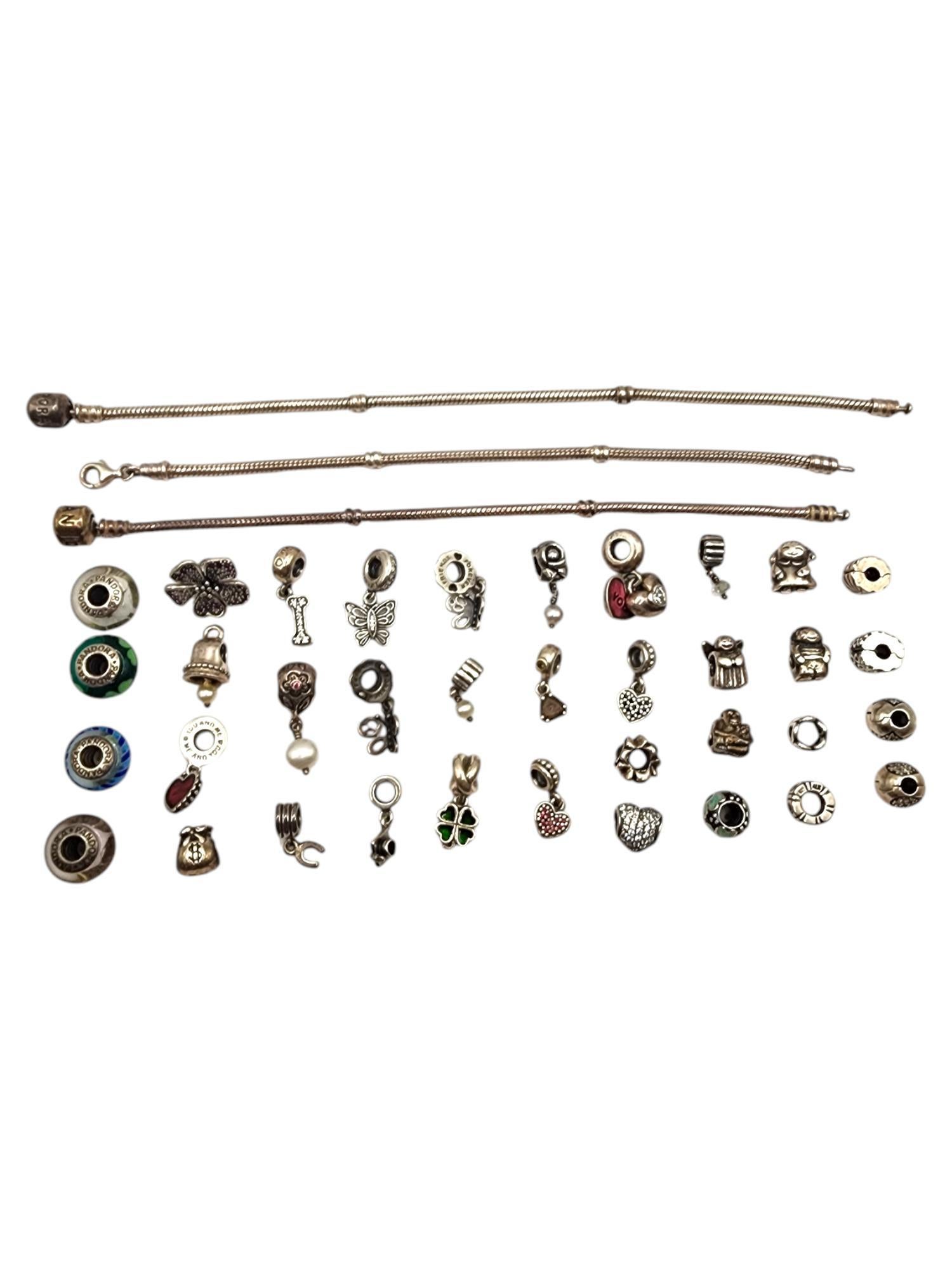 Authentic Pandora Lot of 39 Sterling Silver Charms & Bracelets #19918