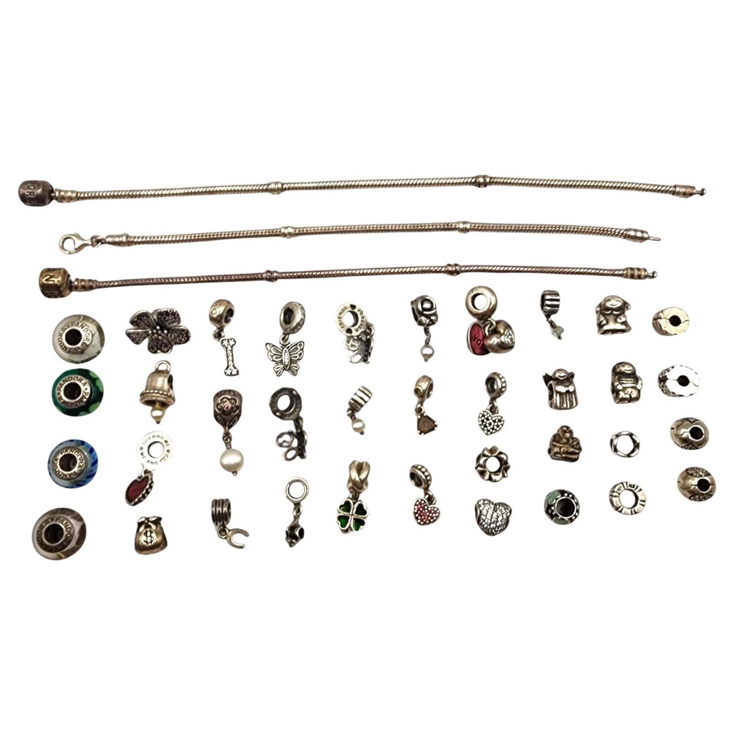 Authentic Pandora Lot of 39 Sterling Silver Charms & Bracelets #19918