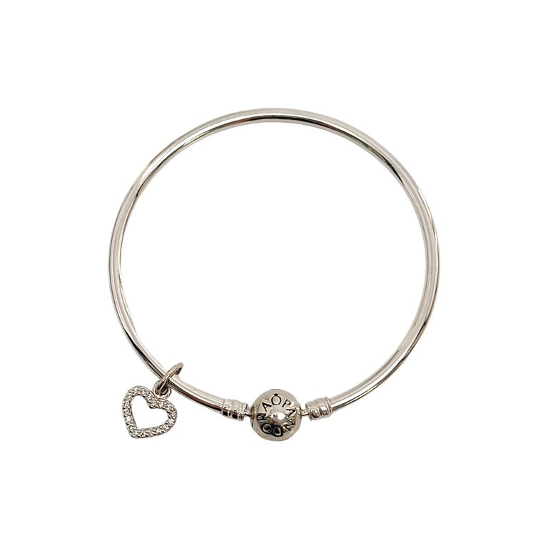 Authentic Pandora Sterling Silver Bangle Bracelet with CZ Heart Dangle For Sale