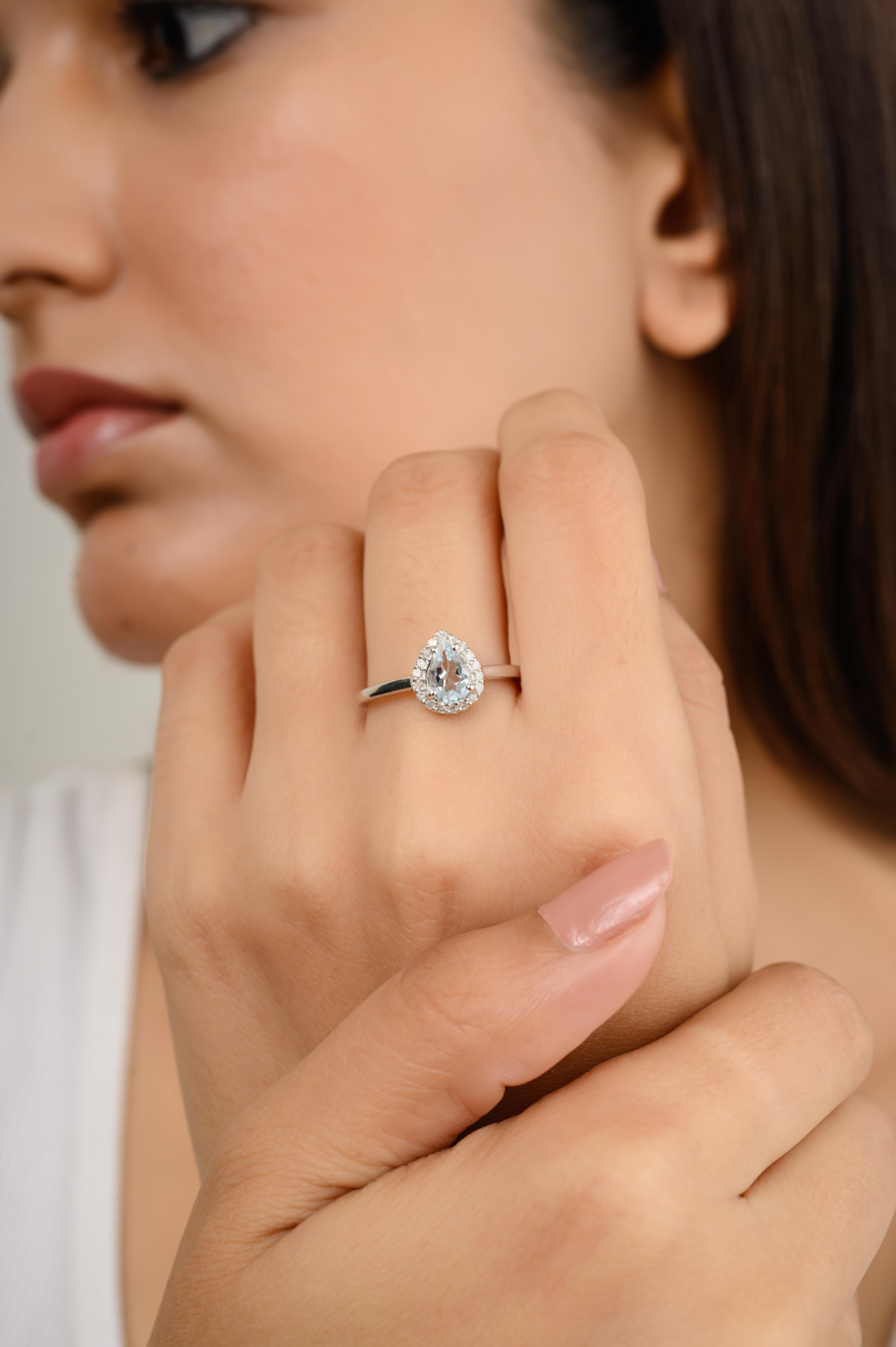 En vente :  Bague de mariage authentique aigue-marine poire avec diamants en or blanc massif 14 carats 2