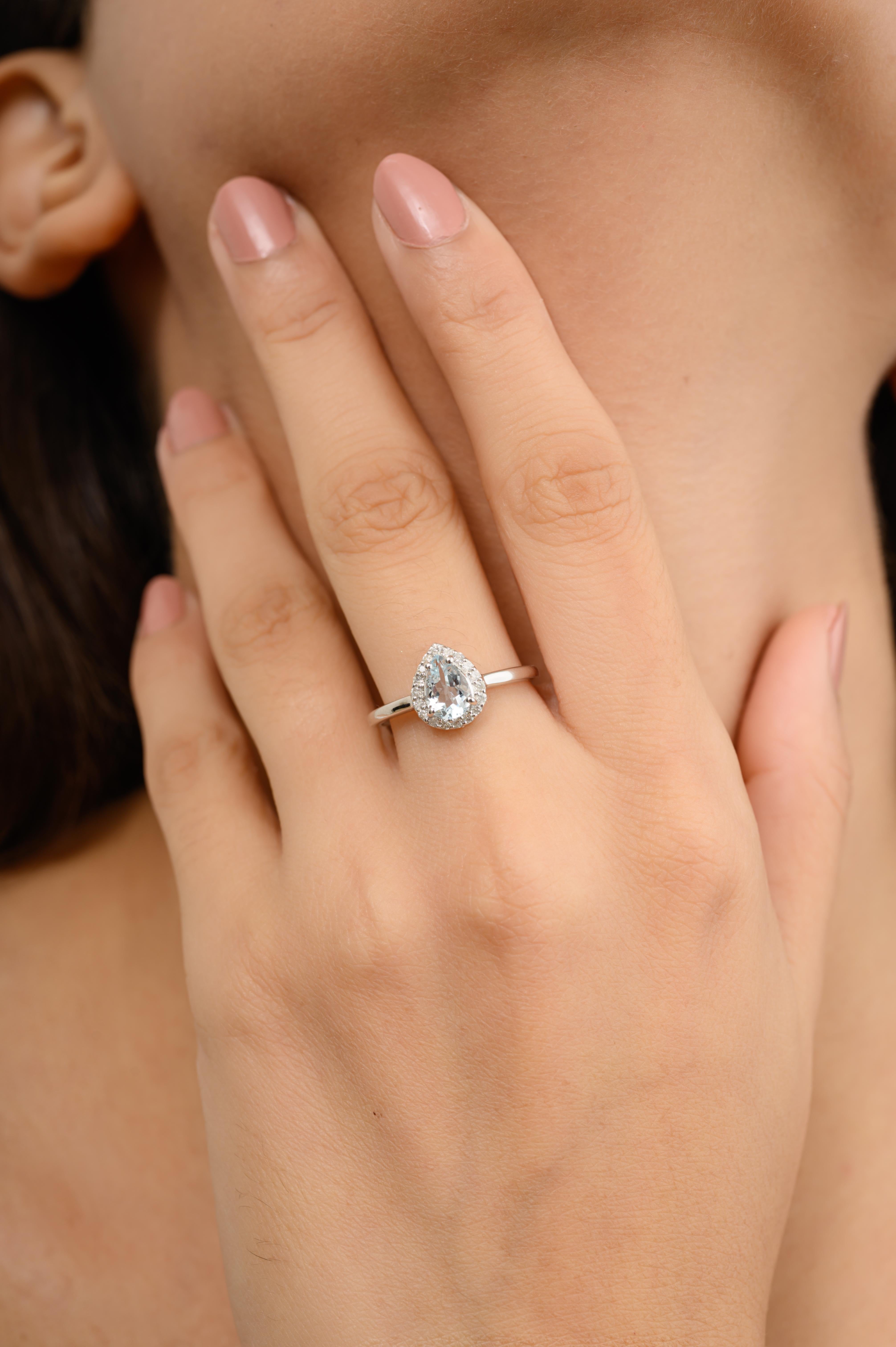En vente :  Bague de mariage authentique aigue-marine poire avec diamants en or blanc massif 14 carats 4