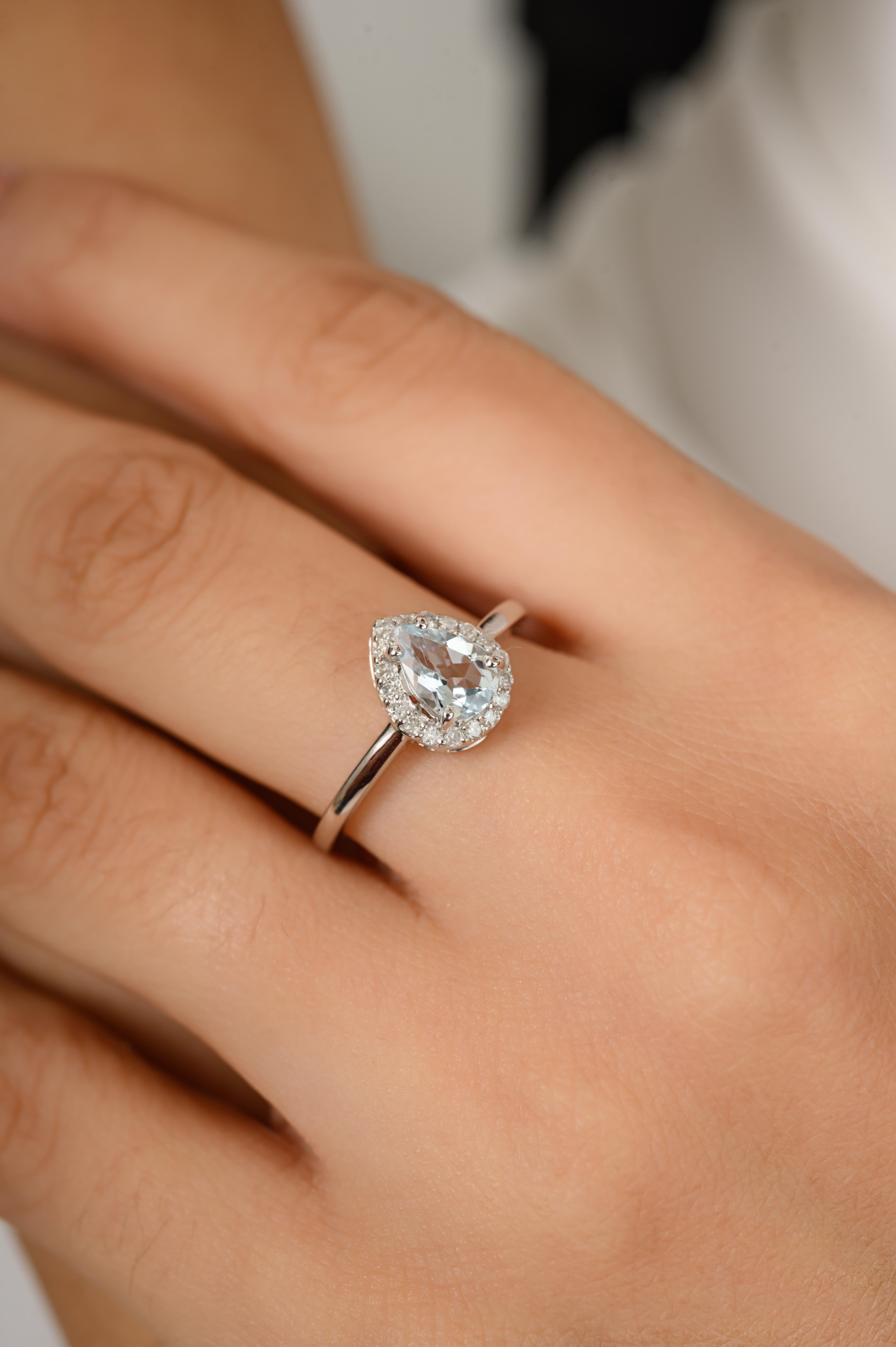 En vente :  Bague de mariage authentique aigue-marine poire avec diamants en or blanc massif 14 carats 6