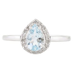 Bague de mariage authentique aigue-marine poire avec diamants en or blanc massif 14 carats