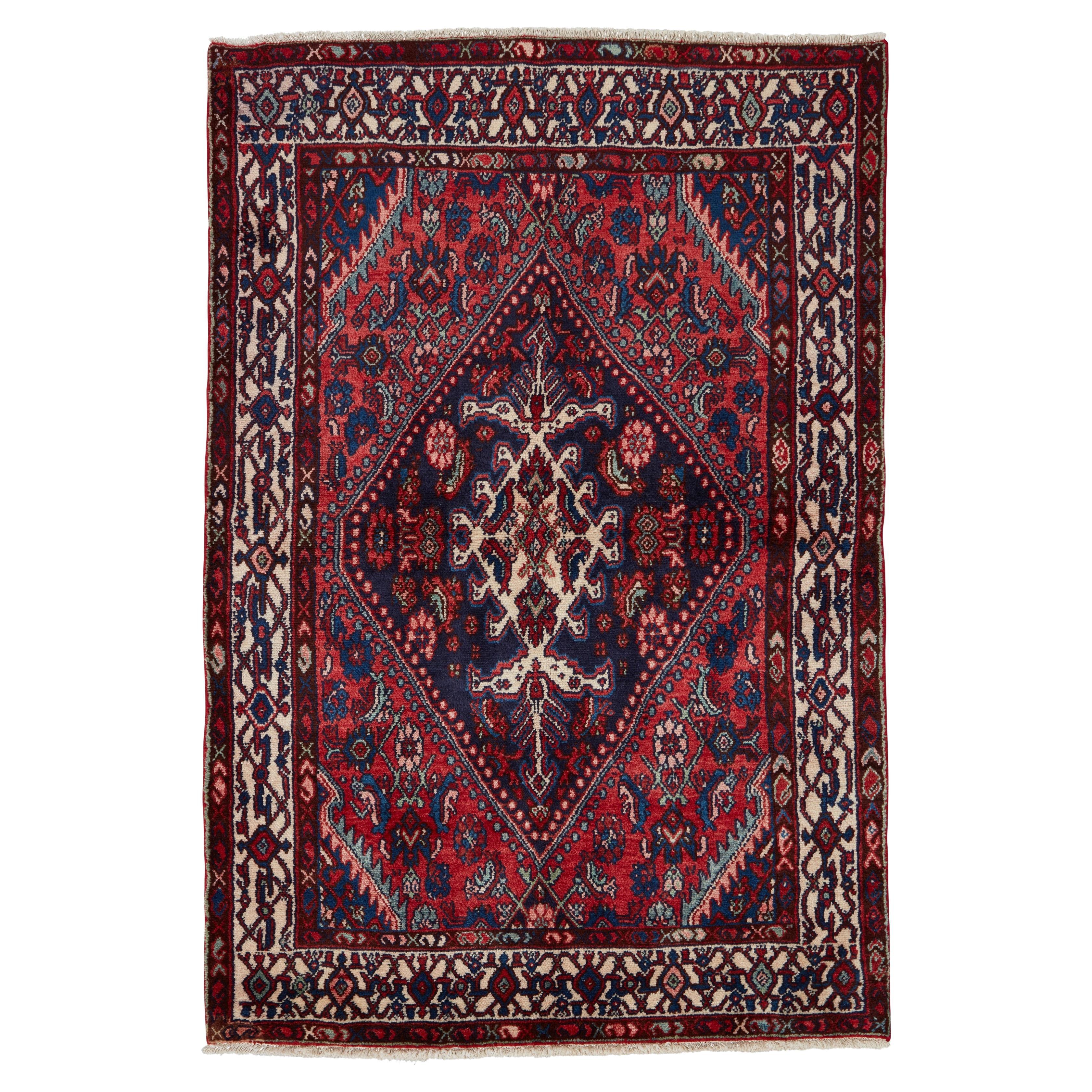 Autentico tappeto persiano Hamadan in lana rossa annodata a mano 4
5" x 6
7"