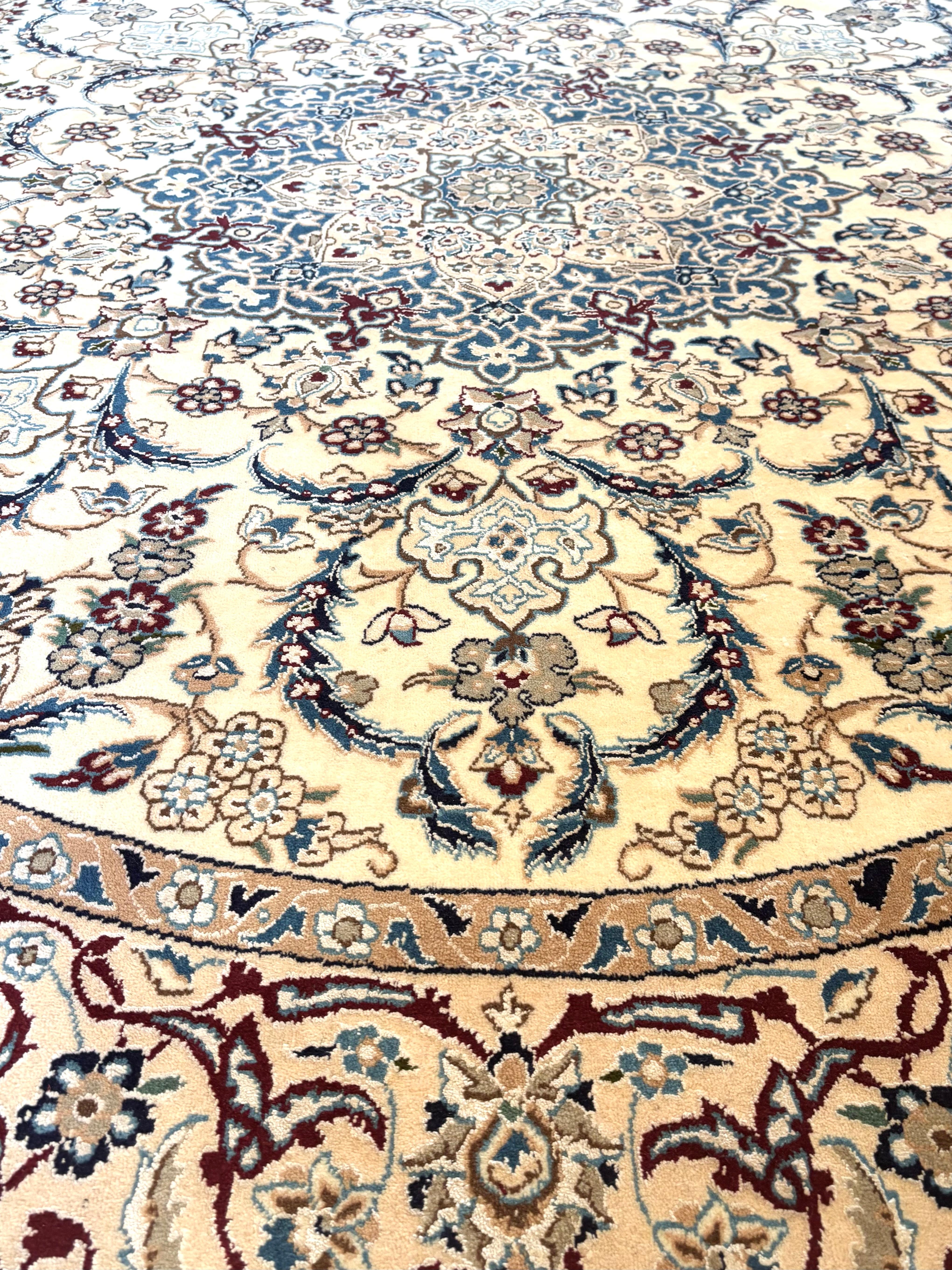 Hand-Knotted Persian Blue Round Nain  Rug For Sale