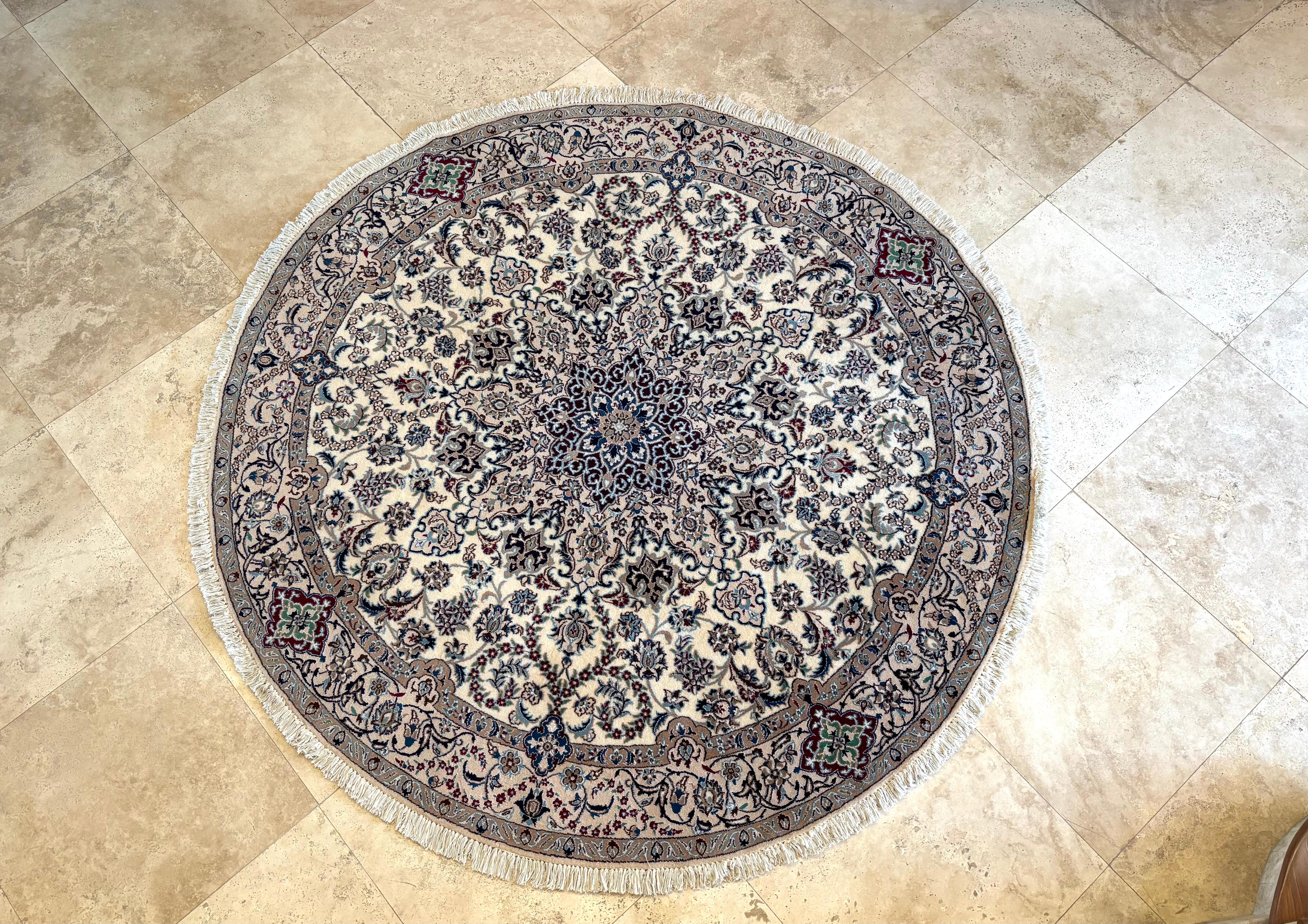 Hand-Knotted Persian Blue Nain Round Rug For Sale