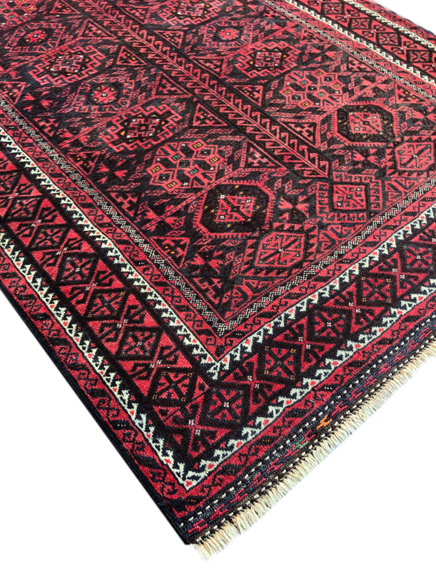 Authentic Persian Hand Knotted Geometric All-Over Red Black Baluchi Rug, 1960 For Sale 3