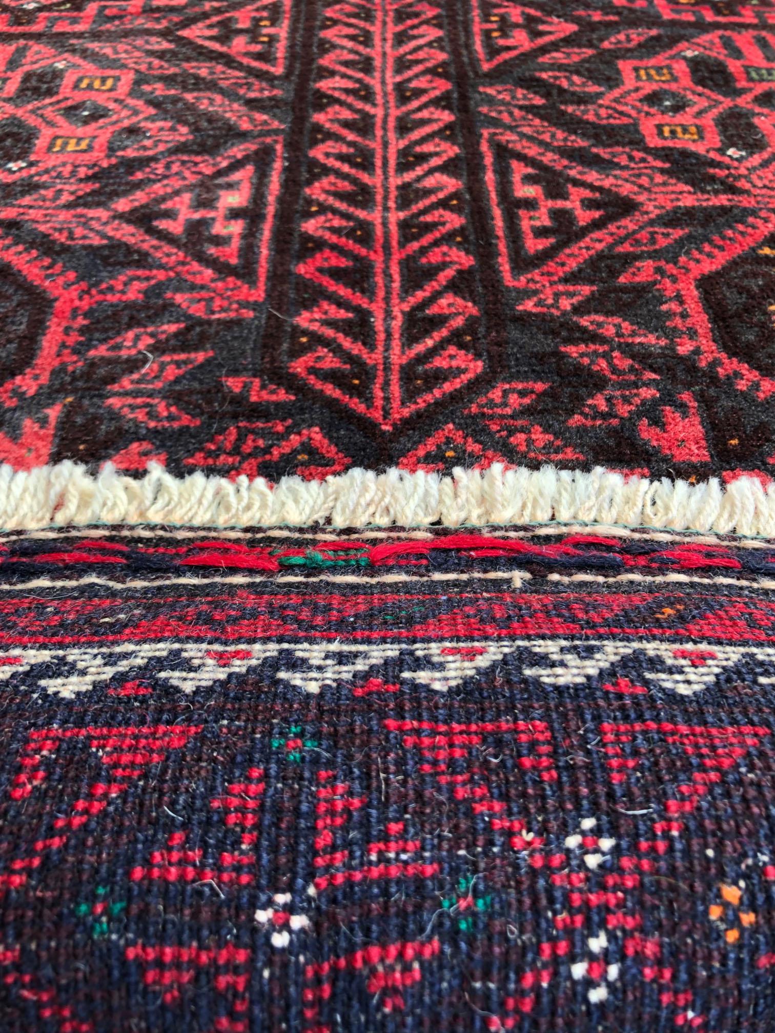 Authentic Persian Hand Knotted Geometric All-Over Red Black Baluchi Rug, 1960 For Sale 4